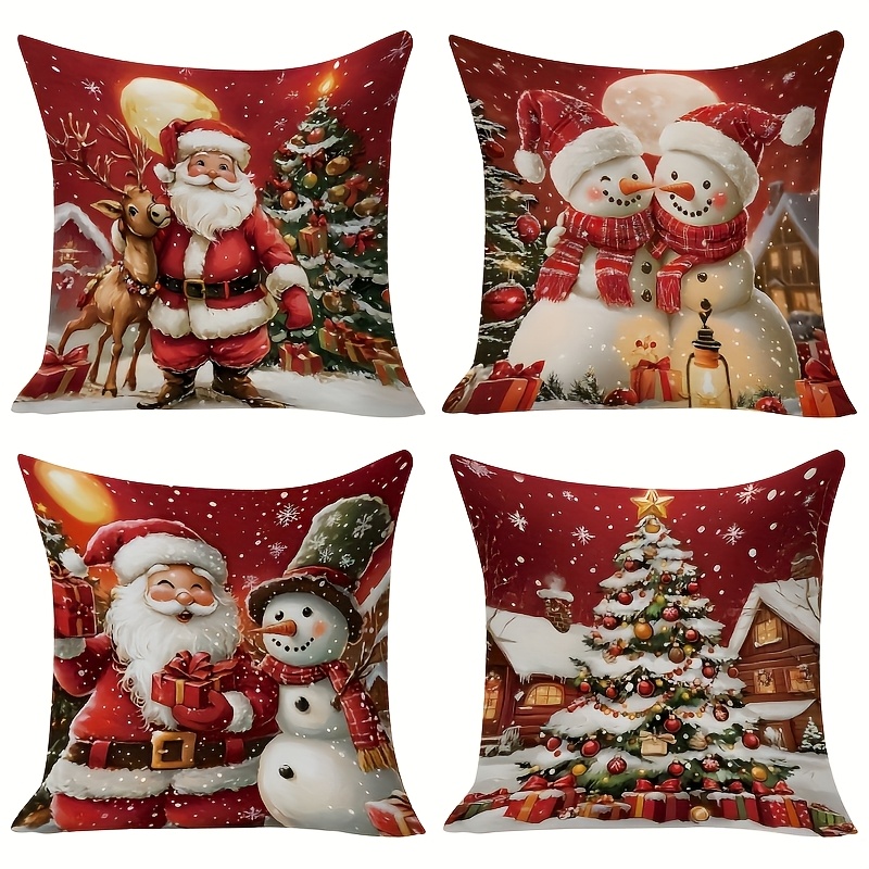 TEMU Lot de 4 housses de coussin de Noël rouges pour canapé, lit, chaise - Père Noël, de neige, sapin, , taies d'oreiller à fermeture éclair double