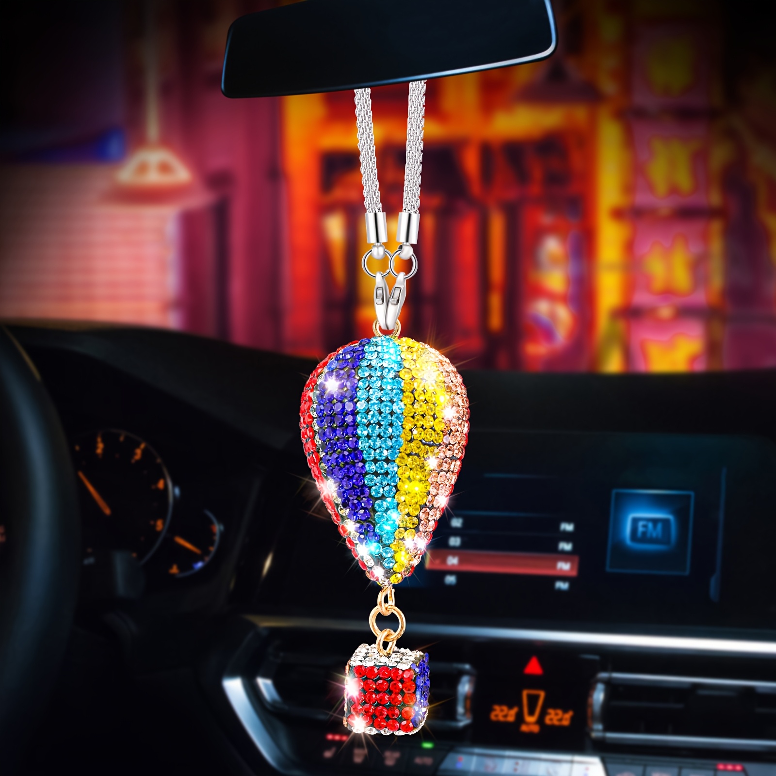 Image of 1pc Creative Hot Air Balloon Shaped Car Rearview Mirror Pendant Sparkling Rhinestone Car Ornament Car Interior Decoration
