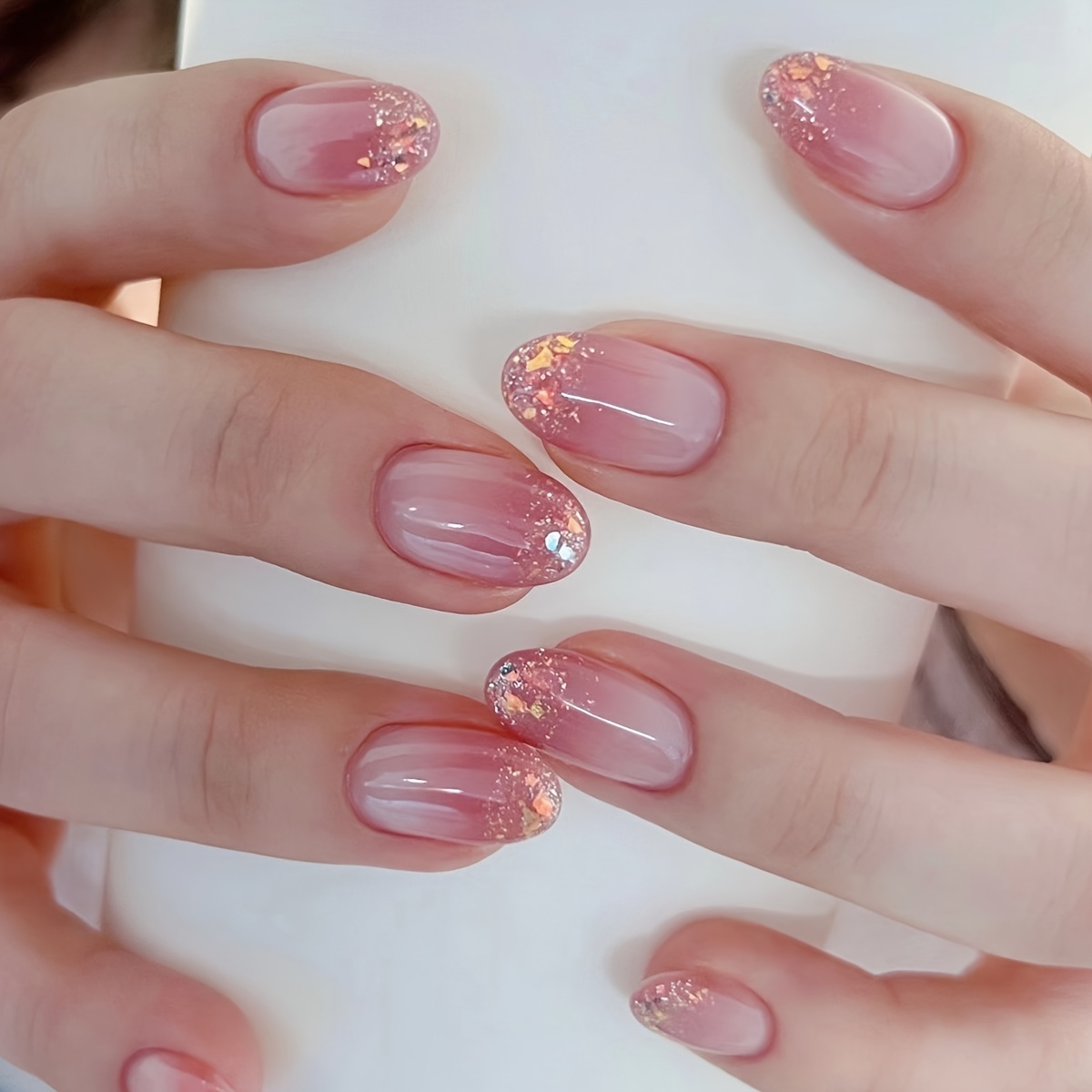Upgrade Your Look With 24pcs Of Wearable Nail Art, Short Almond-shaped Blush Halo, Temperament, Versatile Glitter Gradient Design, False Nail Extension, Detachable Nail With Jelly Glue 1 Nail File 1