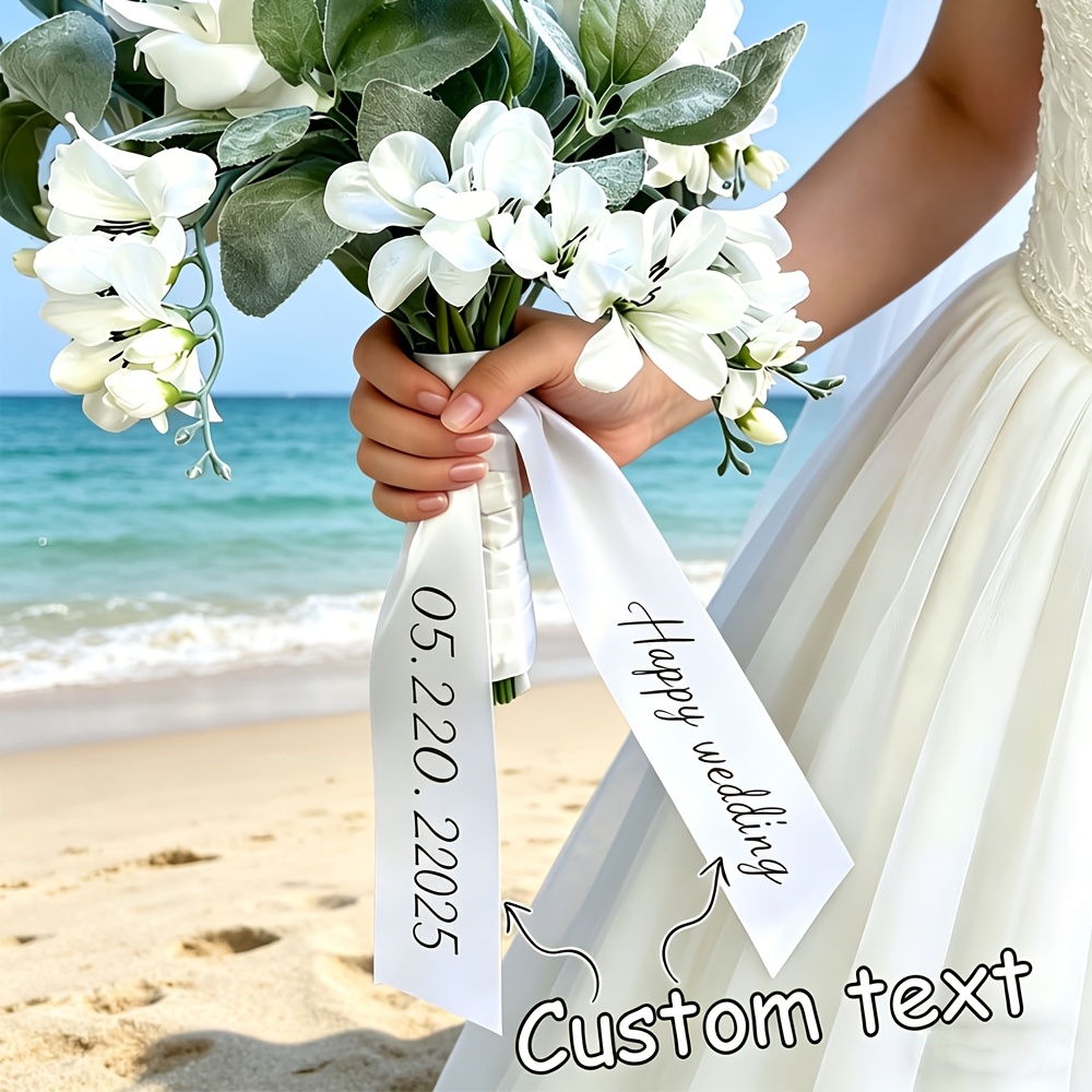 Image of Personalized Bridal Bouquet Satin Ribbon, Custom Wedding Date Bow, Bridesmaid Flower Wrapping, Wedding Ceremony Decoration, Gift For Wedding