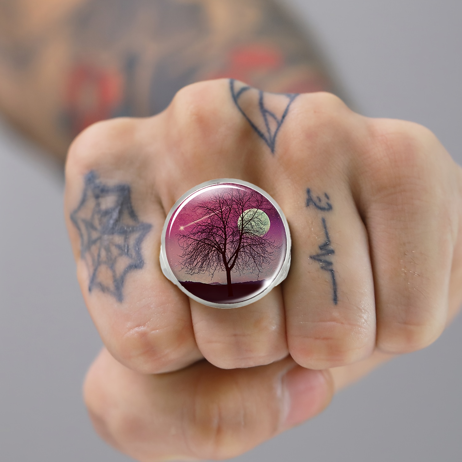 Unisex Adjustable Iron Alloy Ring with Serene Tree & Moon Design