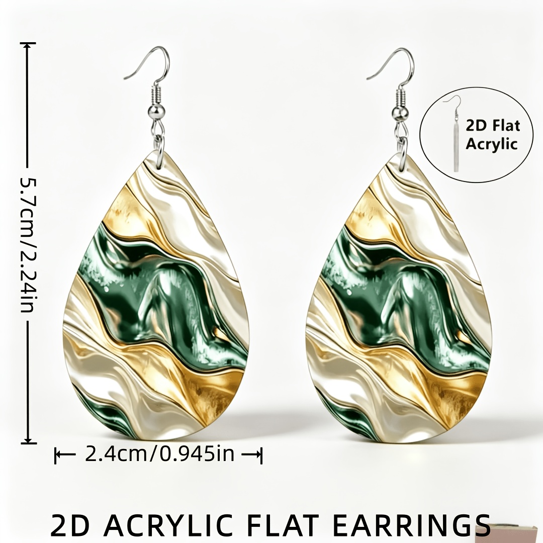 Women's 2D Flat Gilded Ink Green Water Drop Earrings