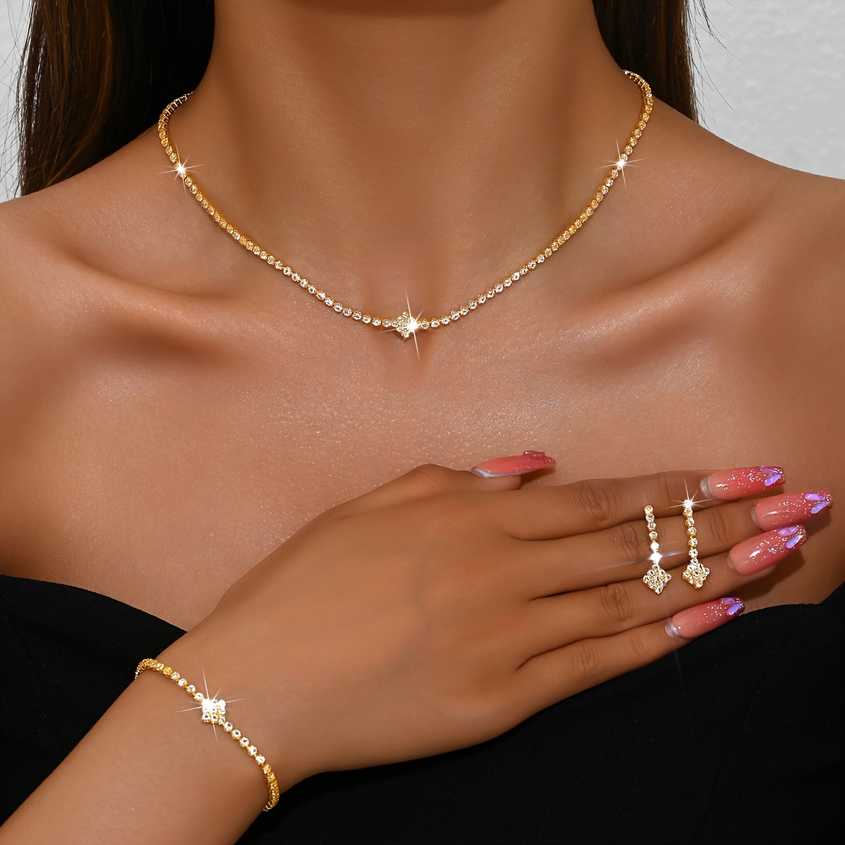 E-shop Modisches Elegantes Kupfer-Inlay Strass Halskette Ohrringe Armband Dreiteiliges Set, Elegantes Funkelndes Damenschmuck für