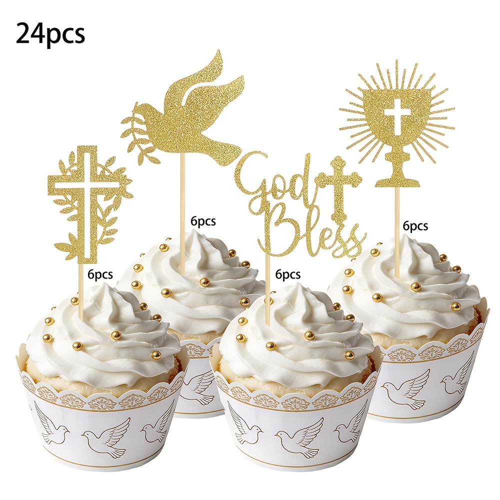 Image of 12/24pcs Golden Glitter God Cupcake Toppers, Cross Design Christian Cupcake Picks For Baptism First Holy Communion Christening Confirmation Baby Shower Church Party Supplies