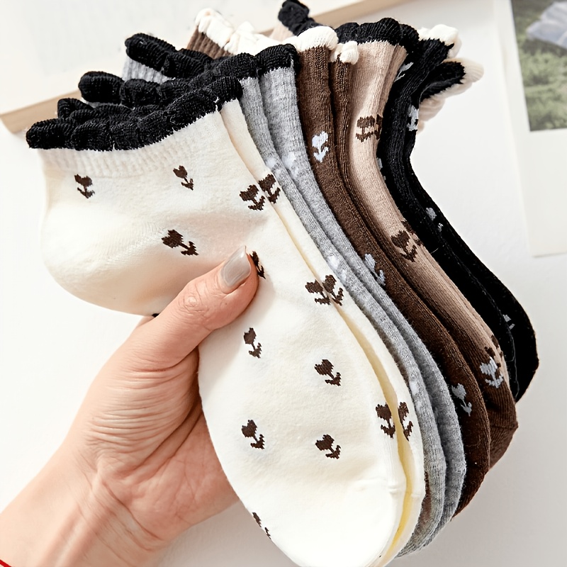 Image of 5 Pairs Of Breathable And Cute Floral Patterned Ankle Socks For Women, Suitable For Everyday Wear And , Designed For Walking In