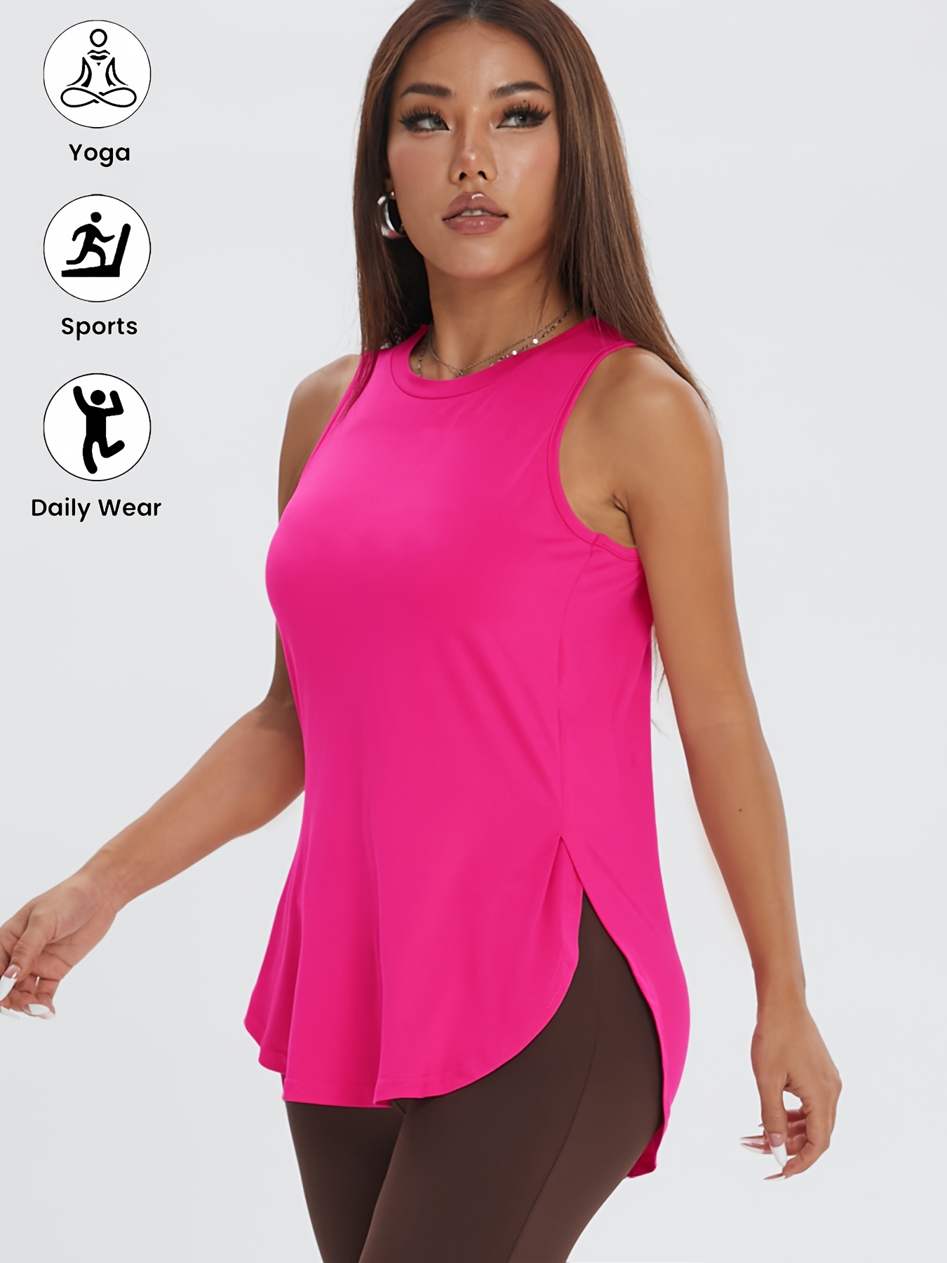 d1059 womens casual fitness workout sporty round neck sleeveless long yoga tank top t shirt with irregular side slit solid color top