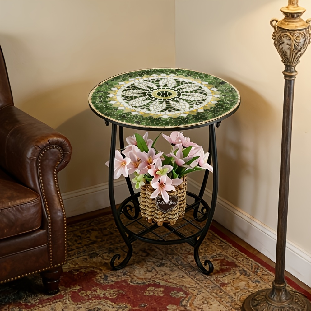 Small Round Metal Side Table with 2-Tier Iron Plant Stand, Retro Mosaic Design