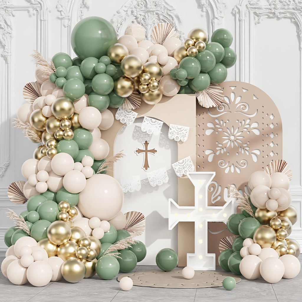 Image of 131pcs Baptism Balloons Suitable For First Holy Communion, Christening Party Decorations - Elegant Sand, White & Golden Balloons With Balloon Arch For Shower, Wedding, For Baptism Decorations