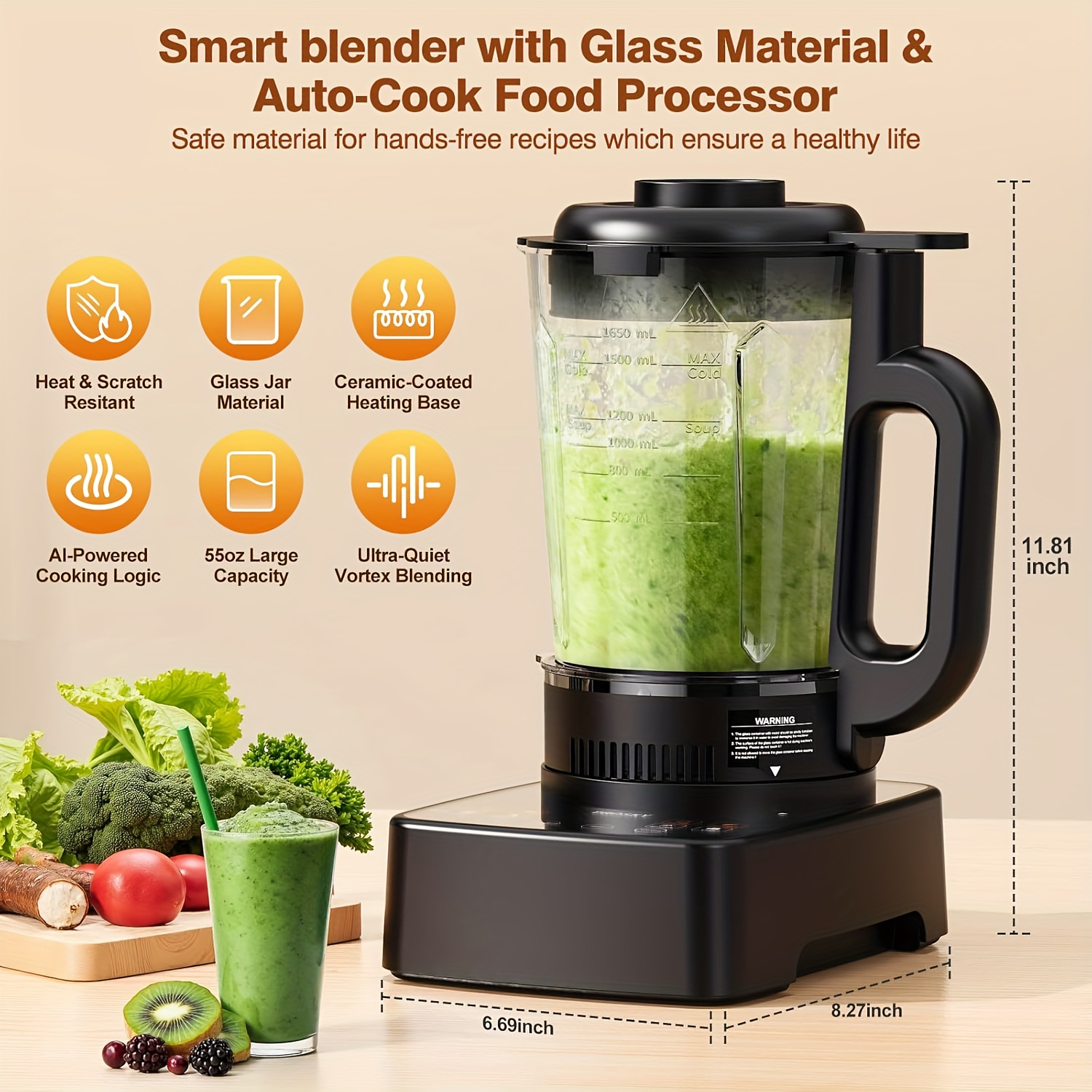 1000w 55oz all in one blending heating blender with 25000 rpm high speed motor     functions glass jar cup bpa free dishwasher safe   2 in 1 design for smoothies soups food nut   ice   hot cold blending black ideal for large families commercial use 120v 2400w equivalent   blender blender and grinder heavy duty blender smoothie blender Product details 1