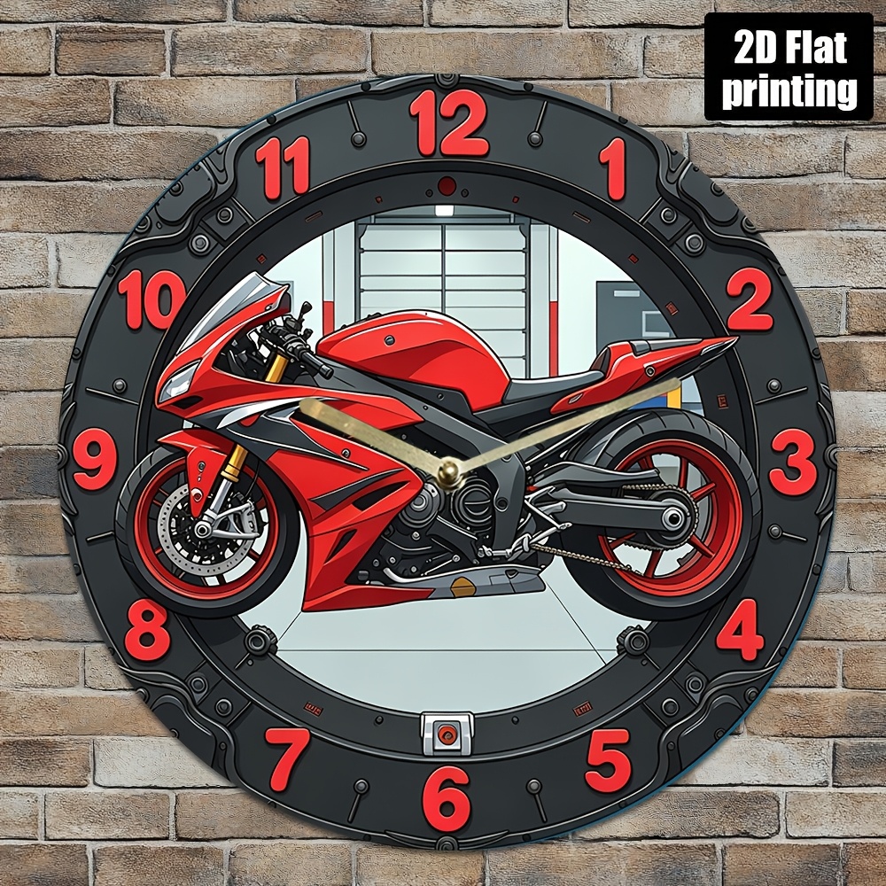 TEMU 2d Flat, Industrial Style Red Motorcycle Wall Clock - 8-inch Round Modern Minimalist Motorcycle Theme , Ideal For Caves, Offices, And Motorcycle