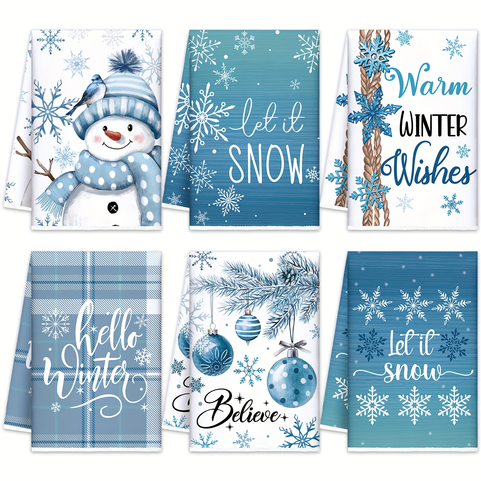 TEMU 6pcs Winter Kitchen Towels Snowman Dishtowels Blue Snowflake Bathroom Hand Towels 15.8 .6 Inch Absorbent Tea Dry Cloth Winter Decorations For