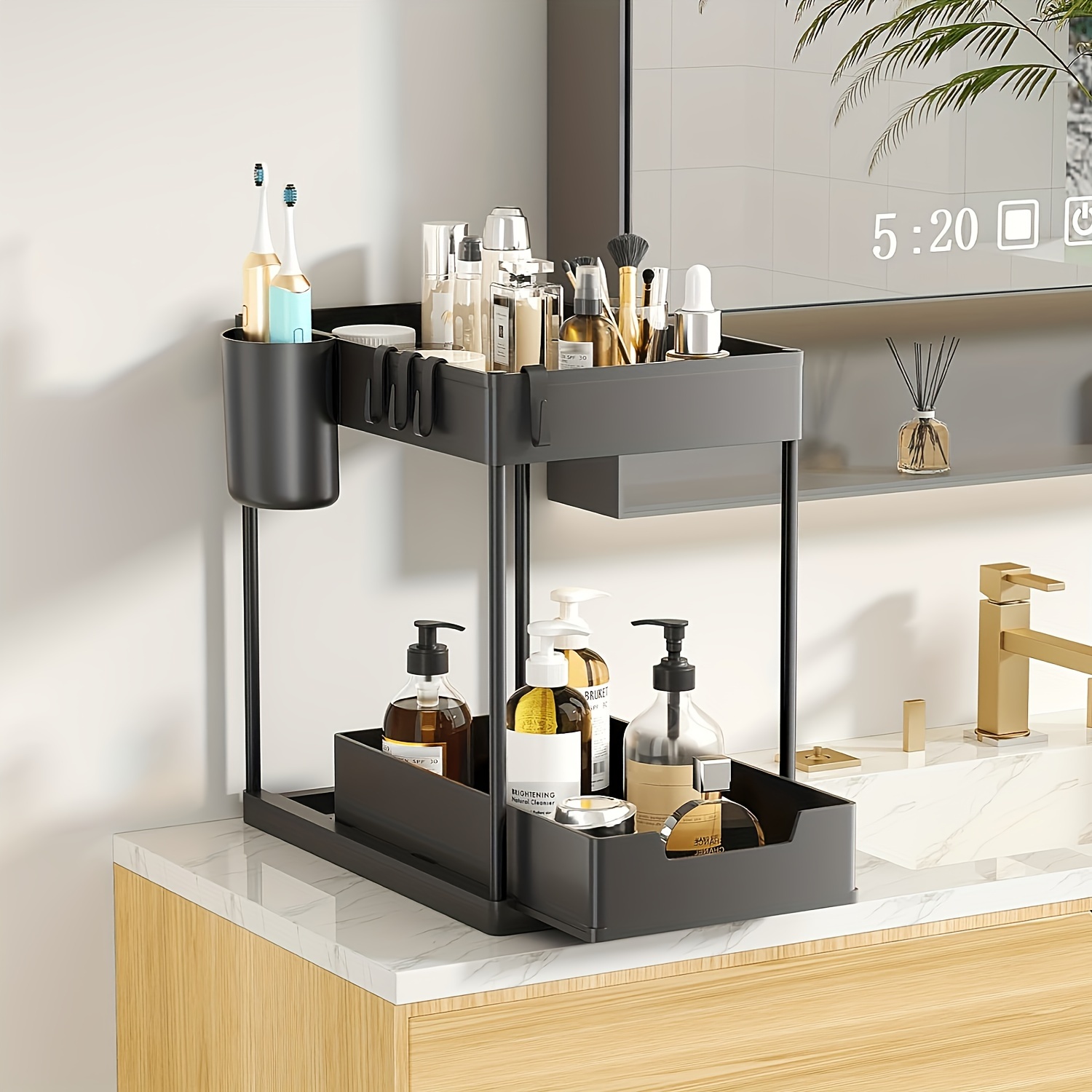 2 tier sliding under sink organizer with hooks versatile storage drawers for kitchen bathroom bedroom cabinets details 2