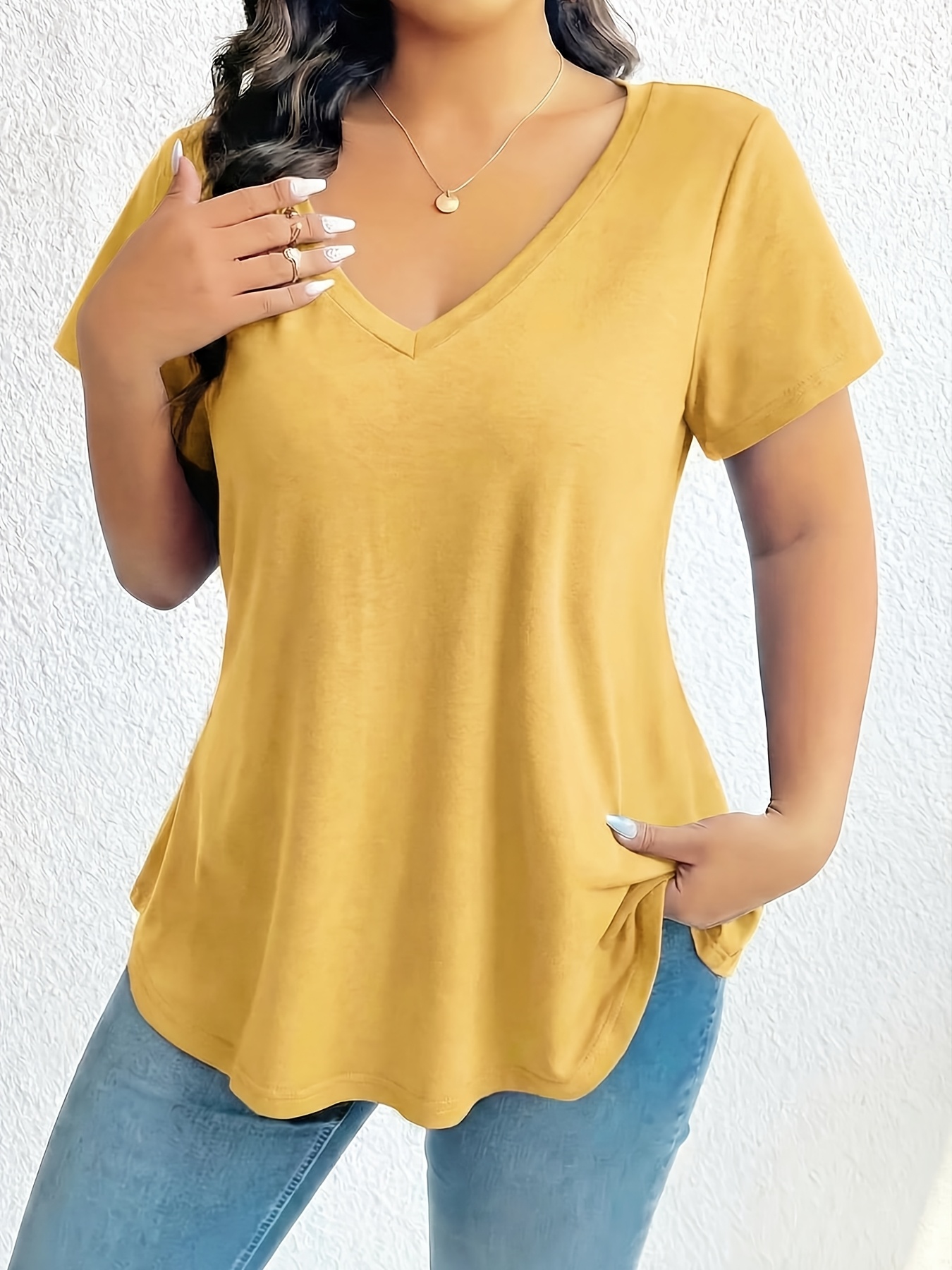 plus size women v neck solid color t shirt