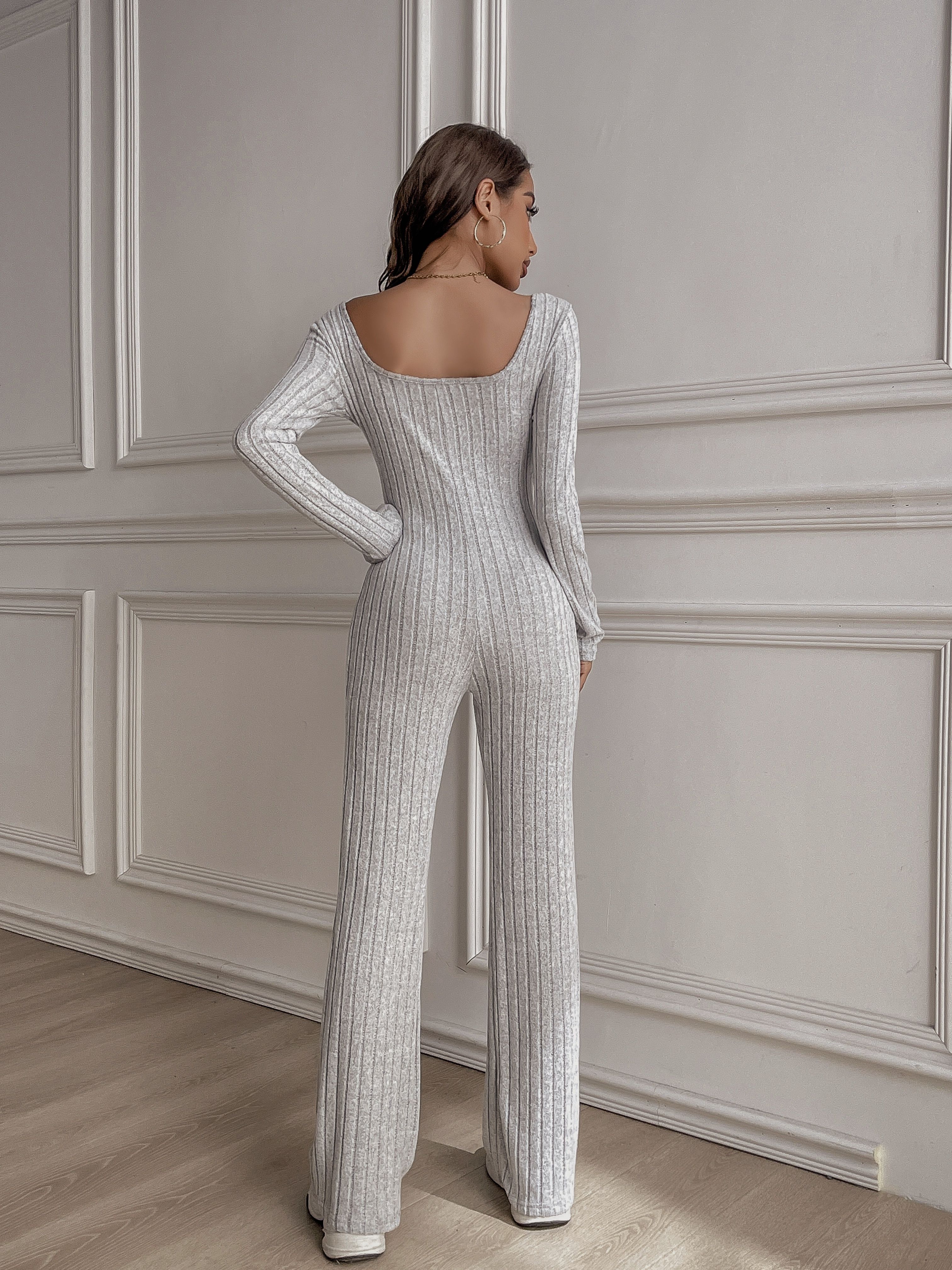 geribbelde scoop neck jumpsuit, elegante lange mouw flare leg jumpsuit voor lente & herfst, dameskleding 2