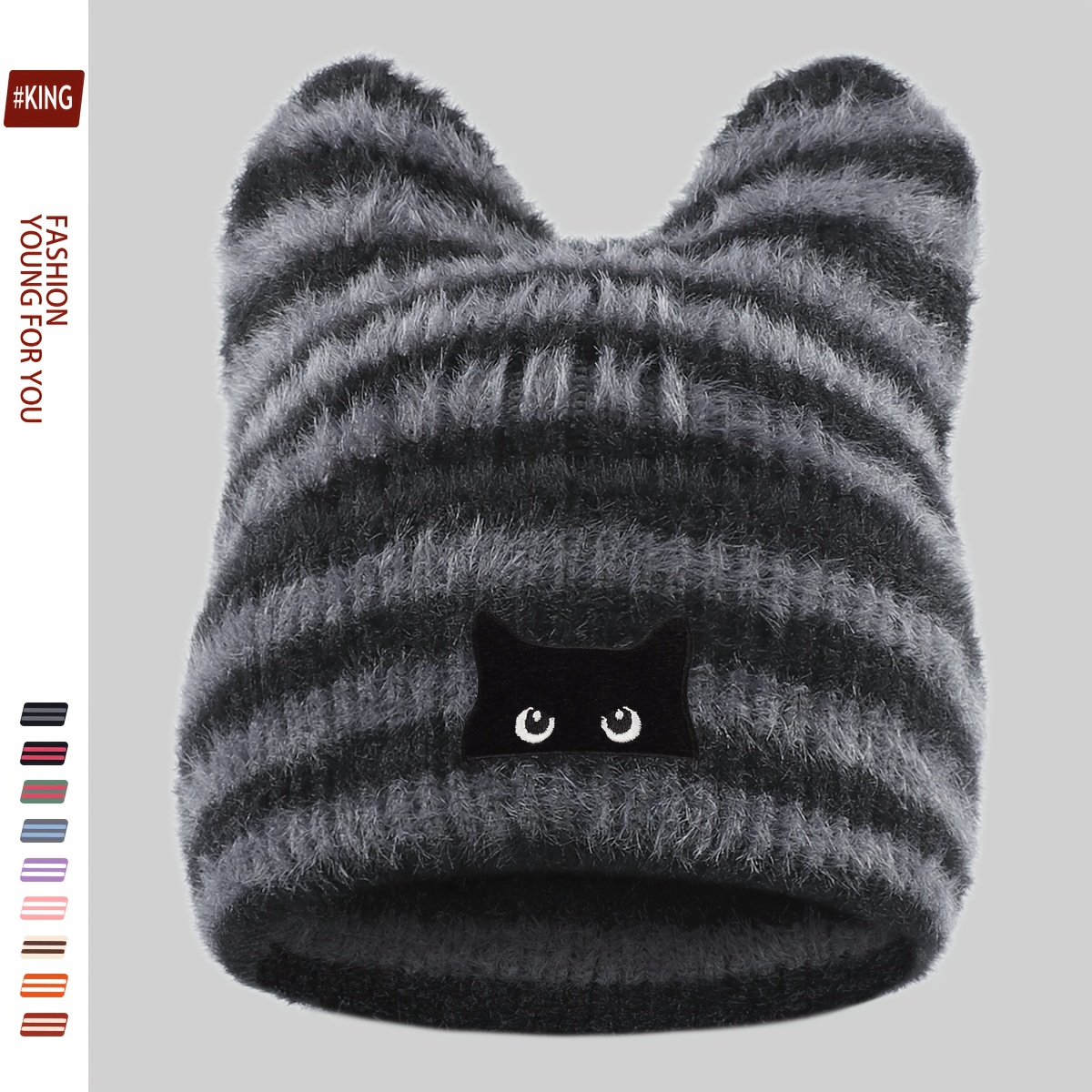 TEMU 1pc Cute Cartoon Black Cat Embroidery Thick Plush Cat Ear Beanie, Fluffy Brimless Hat For Men And Women, Outdoor Trendy Skateboard Hat, Autumn