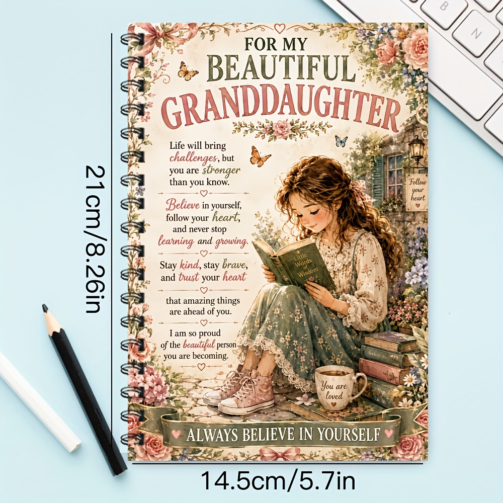 TEMU For My Beautiful Granddaughter A5 Spiral Notebook, 1pc Journal Cover With Reading Granddaughter Artwork, Roses, Butterflies, Garden Flowers,