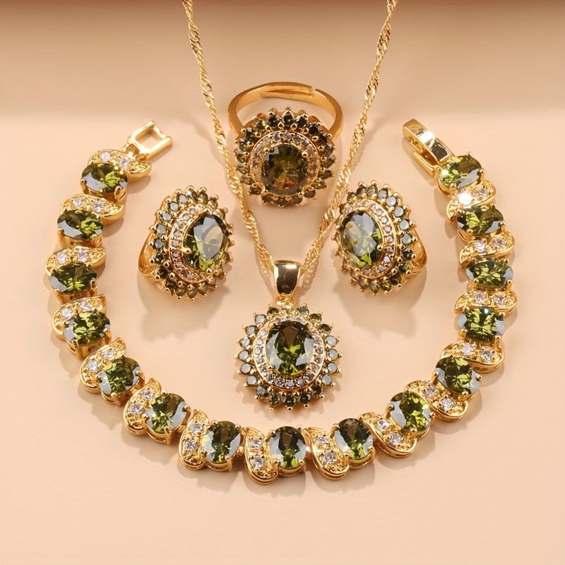 TEMU Exquisite 5pcs Dubai Arabian Luxury 18k Golden Plated Elegant Women's Wedding Accessories Fashion Jewelry Set With Premium Zirconia Earrings,