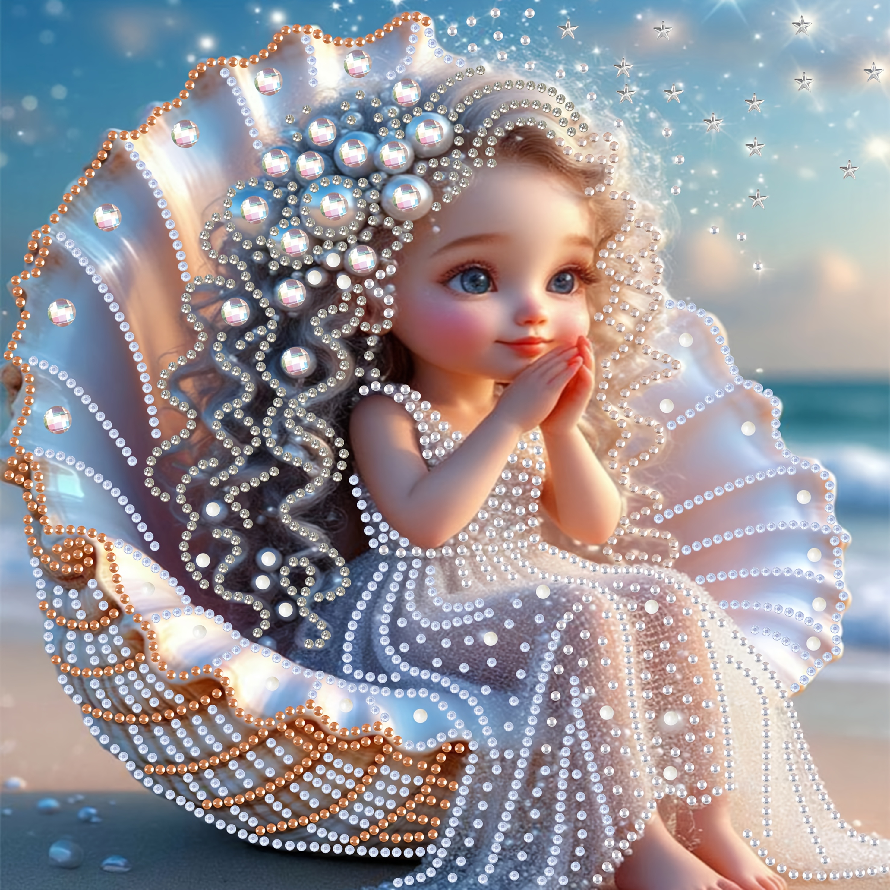 Image of 5d Diamond Painting Kit Of A Sitting On A Shell, Measuring 11.8*11.8 Inches - A Craft Featuring Special-shaped Crystals And Rhinestones, Unframed Wall Decor For Home, Ideal For Sparkle And Charm