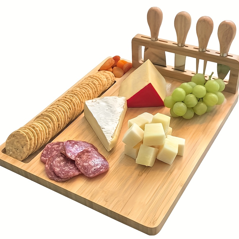 TEMU Platter, Innovative Cheese Board, And Cutlery Set Made From Wood, Perfect For Kitchen Use. This Bamboo Cutting Board Is Ideal For Preparing Food