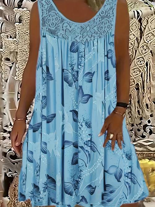 womens floral print sleeveless dress with lace trim chest ruching a line midi length casual outfit round neck loose fit machine washable blue dress