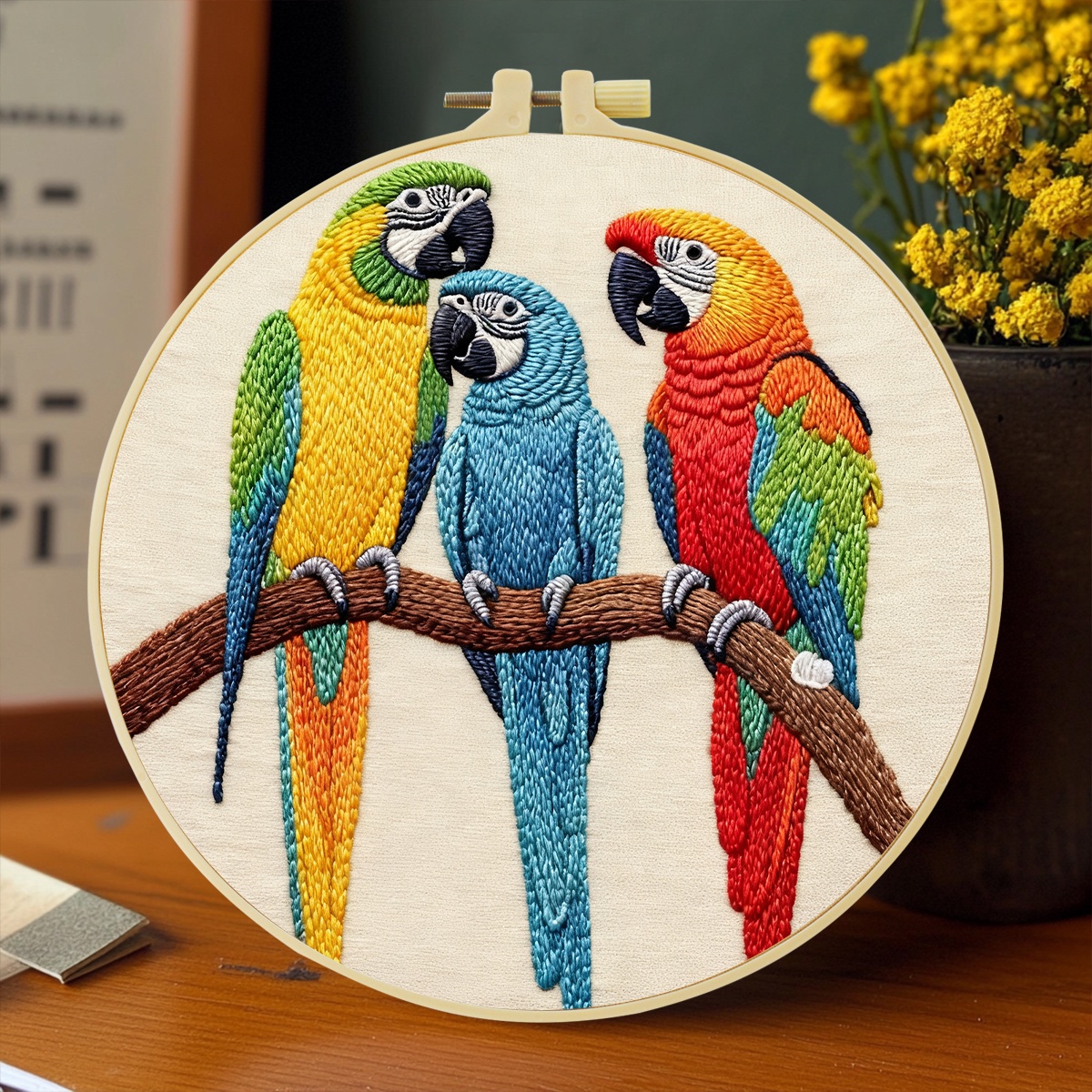 TEMU Embroidery Kit, 20x20cm/7.9x7.9 Inches, 3 Parrots, Handmade Diy Embroidery Kit, Suitable For Adults And Beginners, Includes Embroidery Cloth,