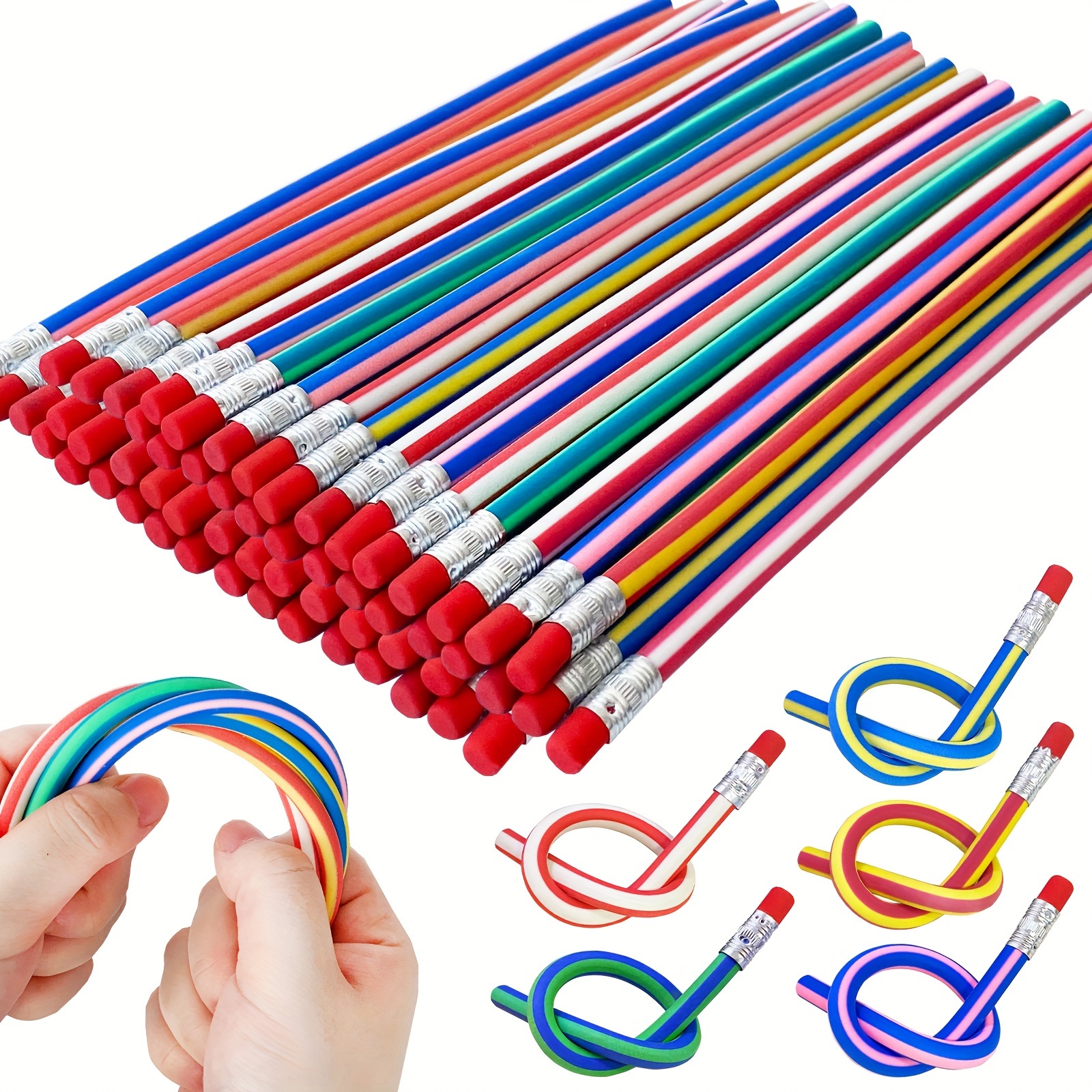 50pcs Flexible Pencils with Erasers - Soft, Novelty Multi-Color Striped Design for Students - Perfect Gift for Halloween, Christmas & Valentine's Day