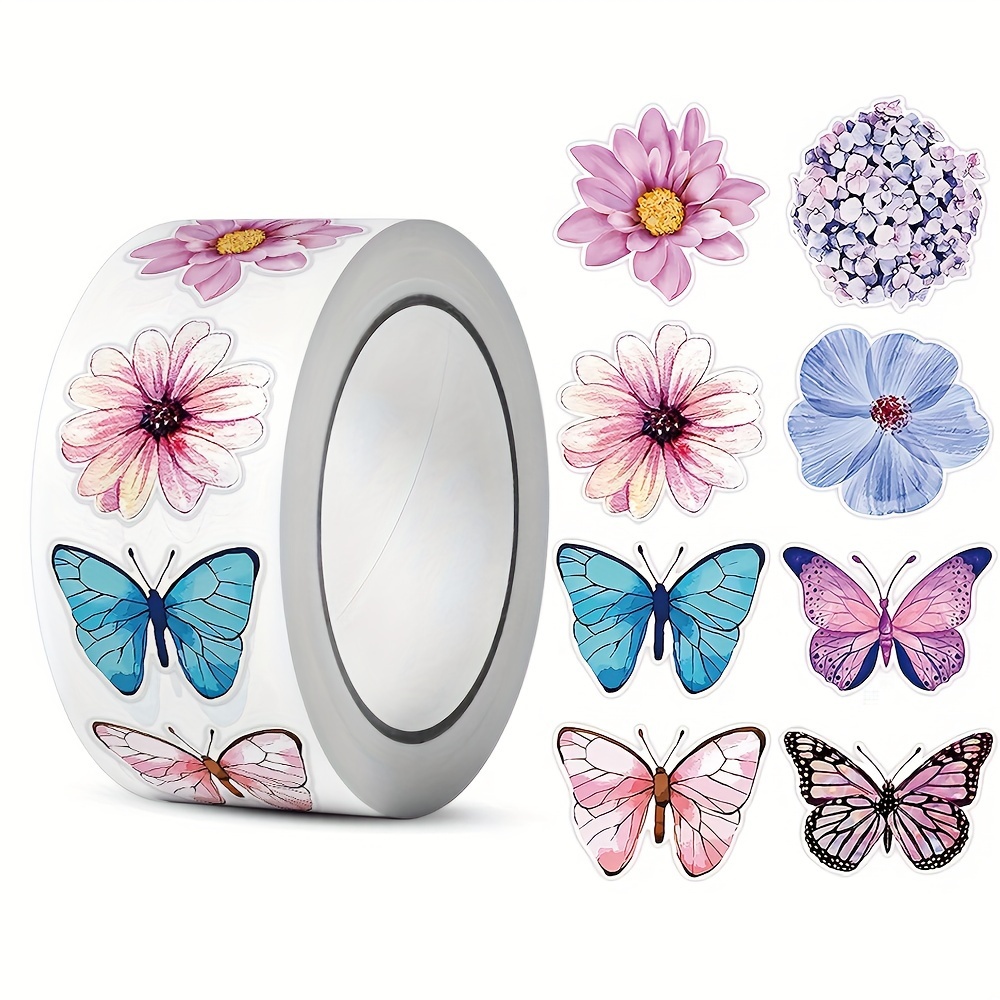 TEMU 1 Rollo de 500 Stickers Florales y de Mariposas, Ideales para Decoración Creativa a , como Sellos para Envolver Regalos, Manuales, Diarios,