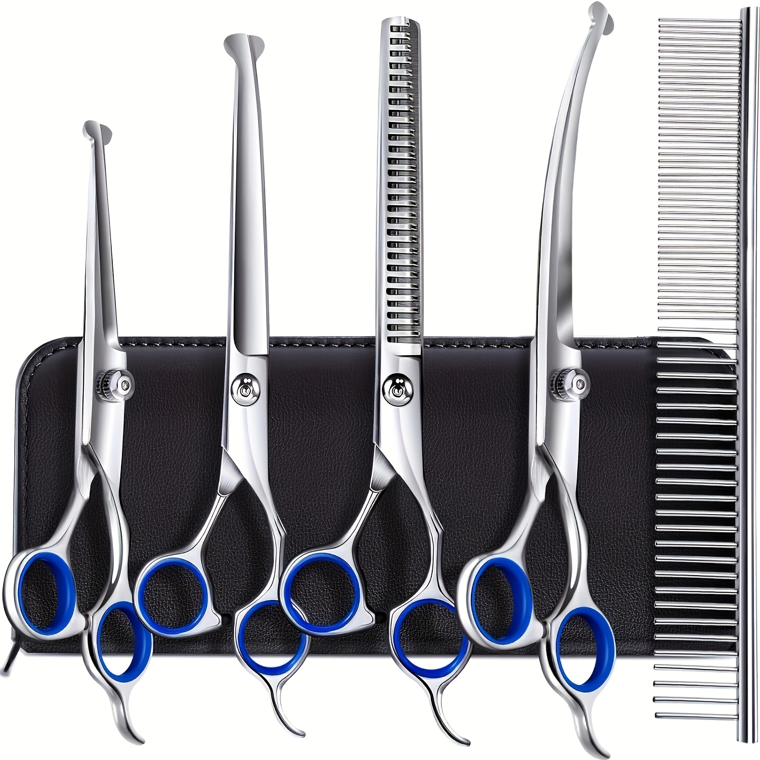 6-in-1 Titanium Coated Professional 4cr Stainless Grooming Scissors With Safety Round Tip, Heavy Duty Pet Grooming Scissors For Dogs, Cats & Other Animals, Iron Alloy, Universal Hand Orientation
