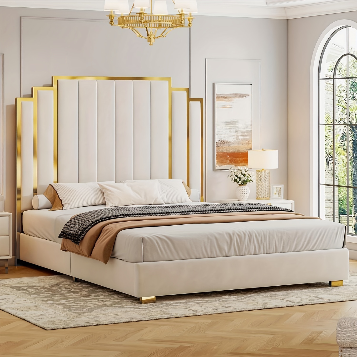 

Queen Modern Upholstered Bed Frame With 61-inch Headboard And Gold Plating Trim, No Box Spring Required Cream