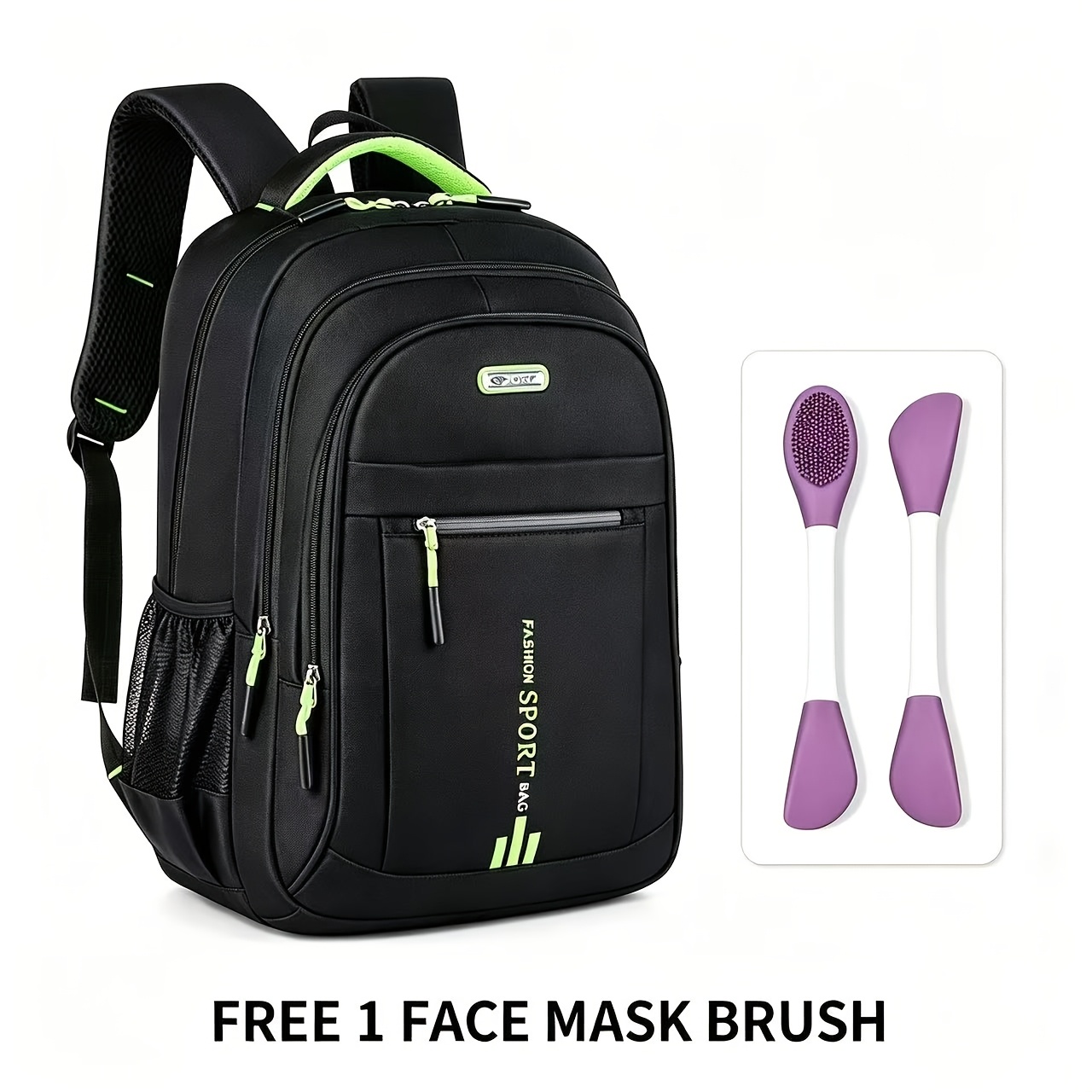 TEMU Unisex Large Capacity Travel Backpack With Bonus Facial Mask Brush Durable Nylon Adjustable Shoulder Straps Multiple Compartments Fashion Zipper