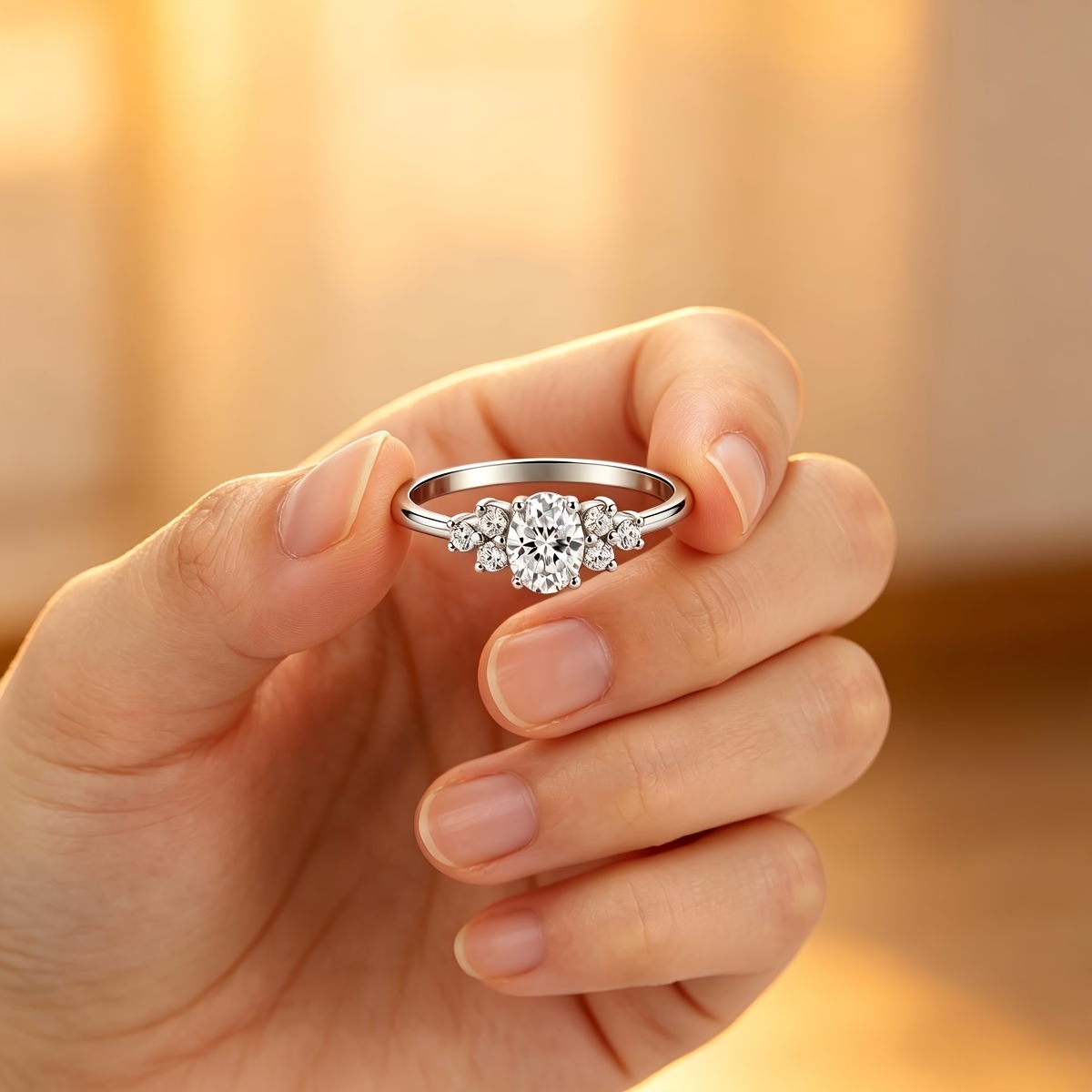 Women's Oval and Small Round Ring, Exquisite Elegant Accessory