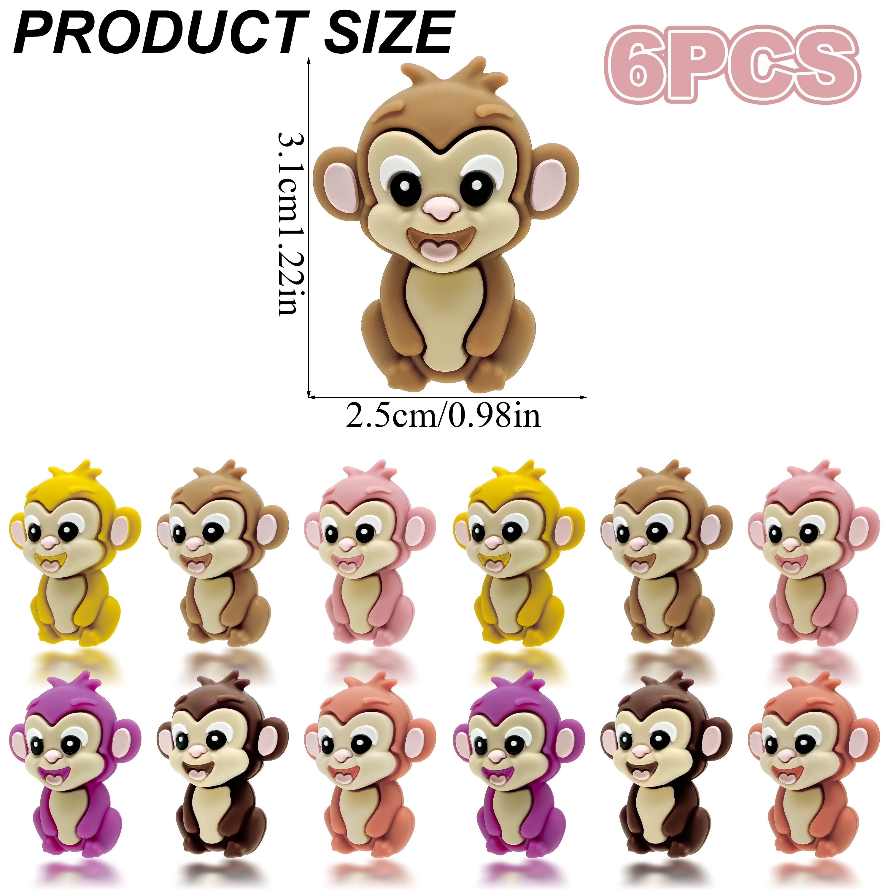 

6pcs Monkey-themed 3d Silicone Beads Set - Assorted Colors For , Keychains & Crafts