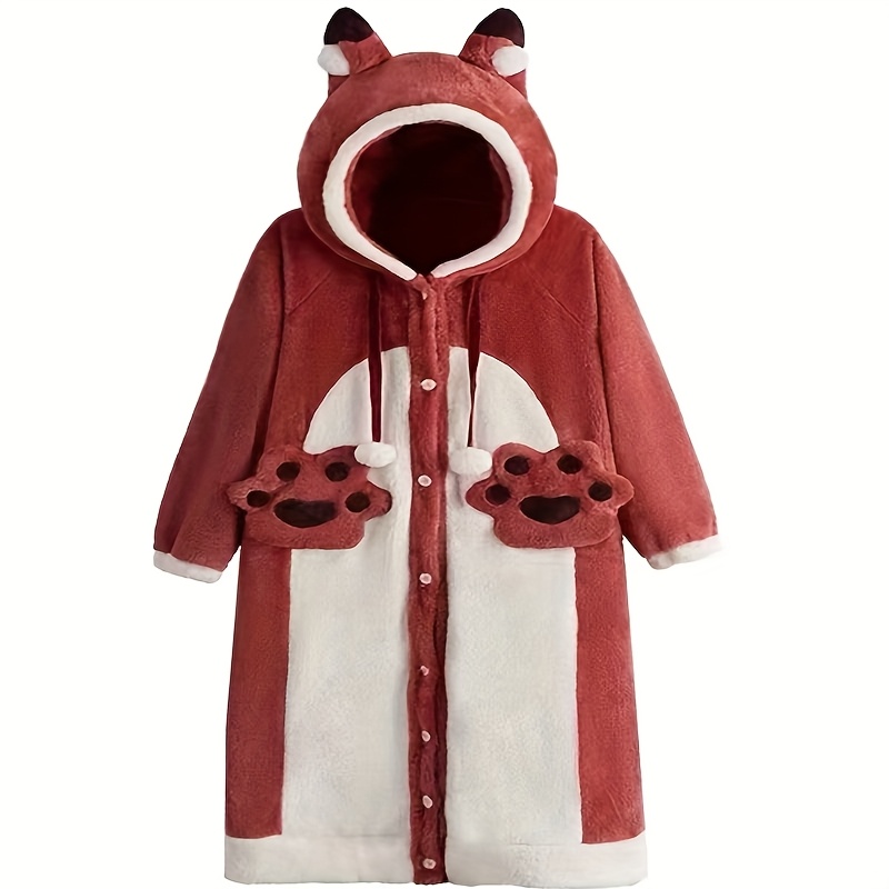 

-themed Hooded Robe With Pockets - Long Sleeve, Button-up Lounge Wear For Fall & Winter, Machine Washable, Fleece