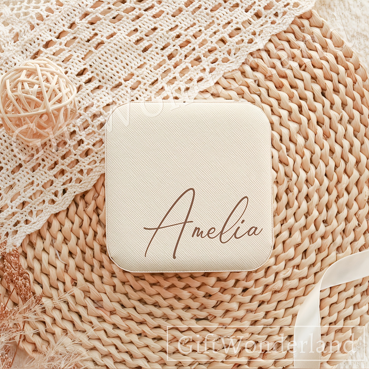 TEMU Bottom Right Corner Personalized Large Letter Nameplate Jewelry Box, Custom Name Beige Jewelry Box, Bridesmaid Jewelry Box Travel Jewelry Box