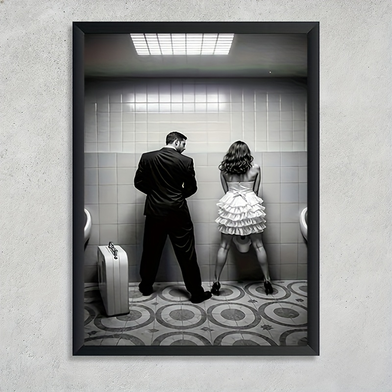 TEMU 2d Flat, 2d Flat, 2d Flat 1pc 2d Flat Canvas Artwork Featuring A Framed Black And White Image Of A Couple In A Bathroom, Suitable For Wall
