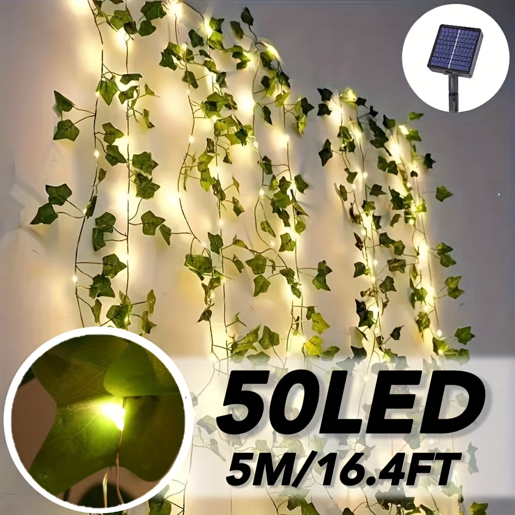 Image of Solar String, 23 Feet, 50 Leds, Realistic Leaves Outdoor Decorative String Light, 8 Flashing , Suitable For , Courtyards, Gardens, Fences (warm White, White), Ip54 Rating