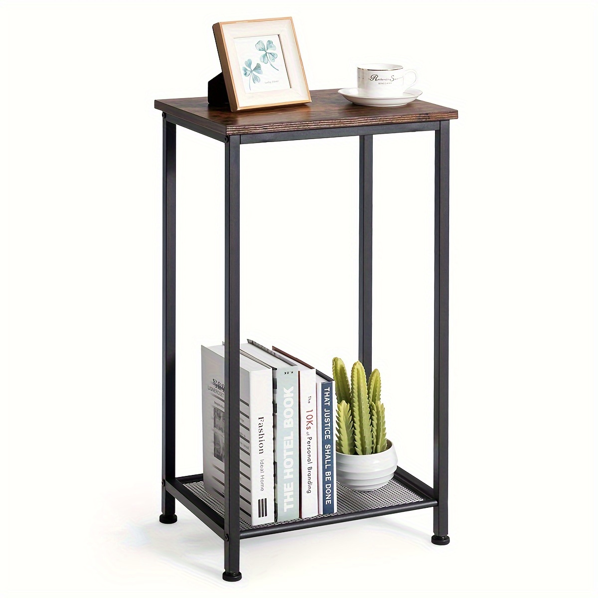 

1pc Industrial Rustic Brown 2-tier Side End Table With Metal Frame And Mesh Shelf, Modern Accent Telephone Stand For Living Room And Bedroom, 15.5" L X 12" W X 28.5" H