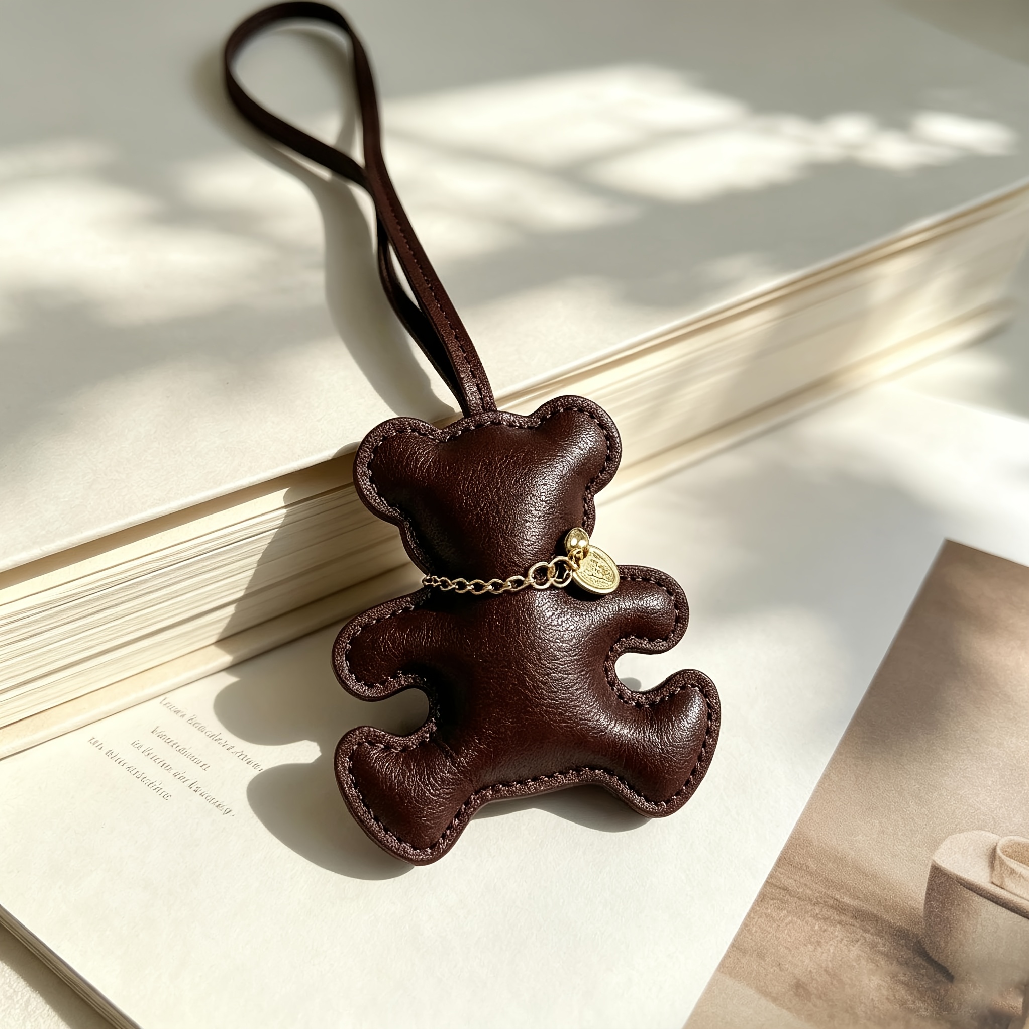 TEMU Breloque de sac en peluche rétro en PU, , 3D, pendentif facile à décorer avec une chaîne en métal, porte-clés Ins Gentle Style, sac à dos