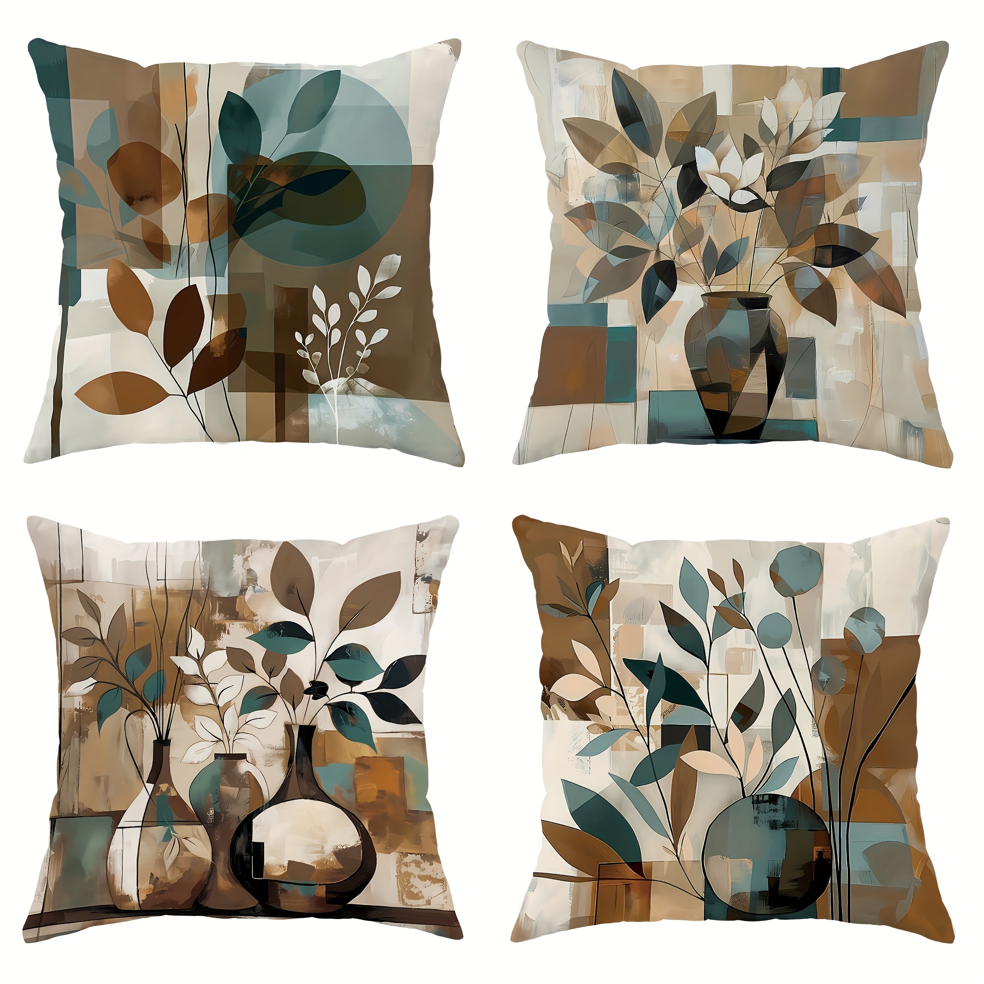 

Set Of 4 Contemporary Throw Pillow Covers With Abstract Floral & Geometric Design, Zipper Closure, Machine Washable, Woven Polyester, Versatile Room Decor, 18x18 Inches - Cushion Inserts Not Included