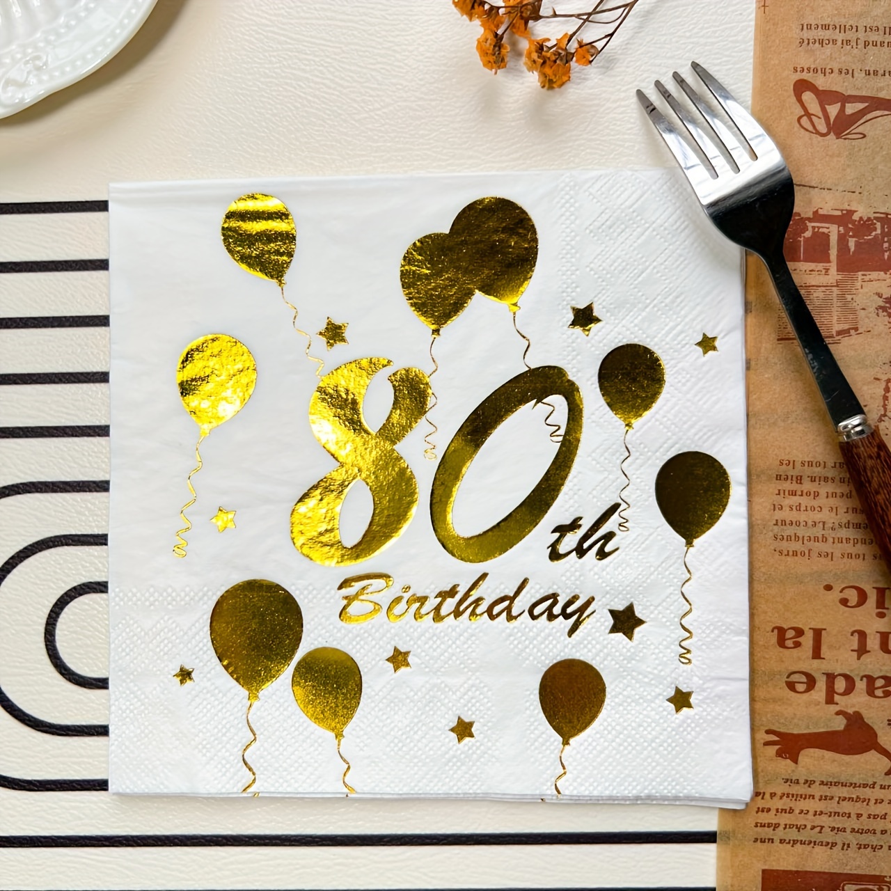 Image of 20pcs/pack, Hot White 80-year-old Double Disposable Paper Towel (6.5 X 6.5 Inches), Suitable For 80th Birthday Party Coming-of-age Ceremony, Bar Tableware Napkins Table Disposable Supplies