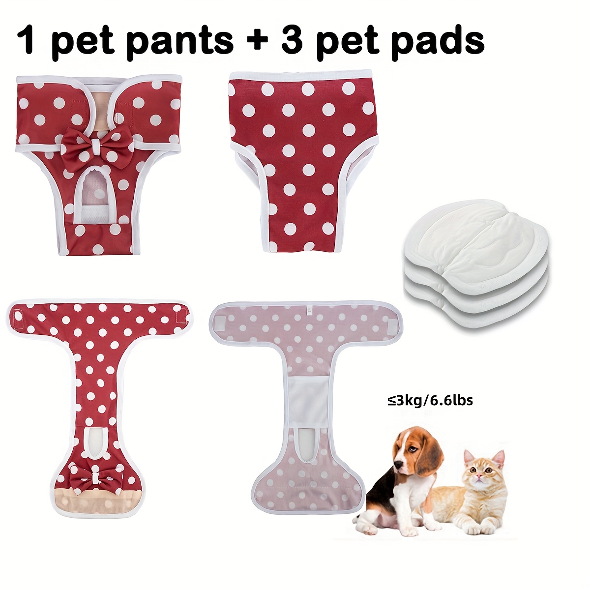 TEMU 4pcs Period Panties Set, Reusable Dog Period Pants With 3 Pet Diapers, Adjustable Waistband, Washable Polyester Dog Underwear, Reusable Pet