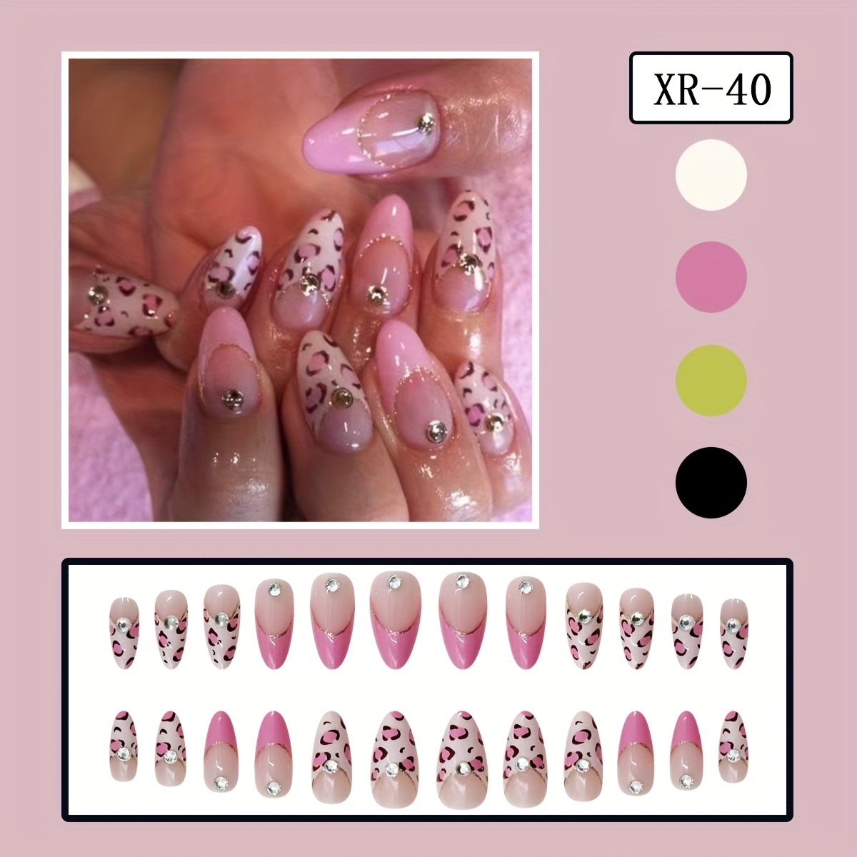 E-shop 24 Stück Kurze Mandel-Press-On-Nägel - Rosa Leopardenmuster mit goldenen Glitzerakzenten, glänzende Kunstnägel für Frauen, einfach anzuwendbare