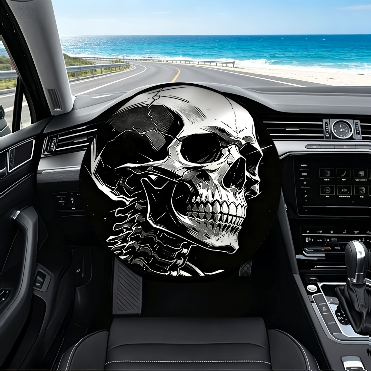 TEMU 1pc Couvercle de Volant Crâne Face Latérale Prise de Vue Art Ligne, Protection Solaire et Isolation, d'Intérieur de Voiture d'Été, Améliorant l'