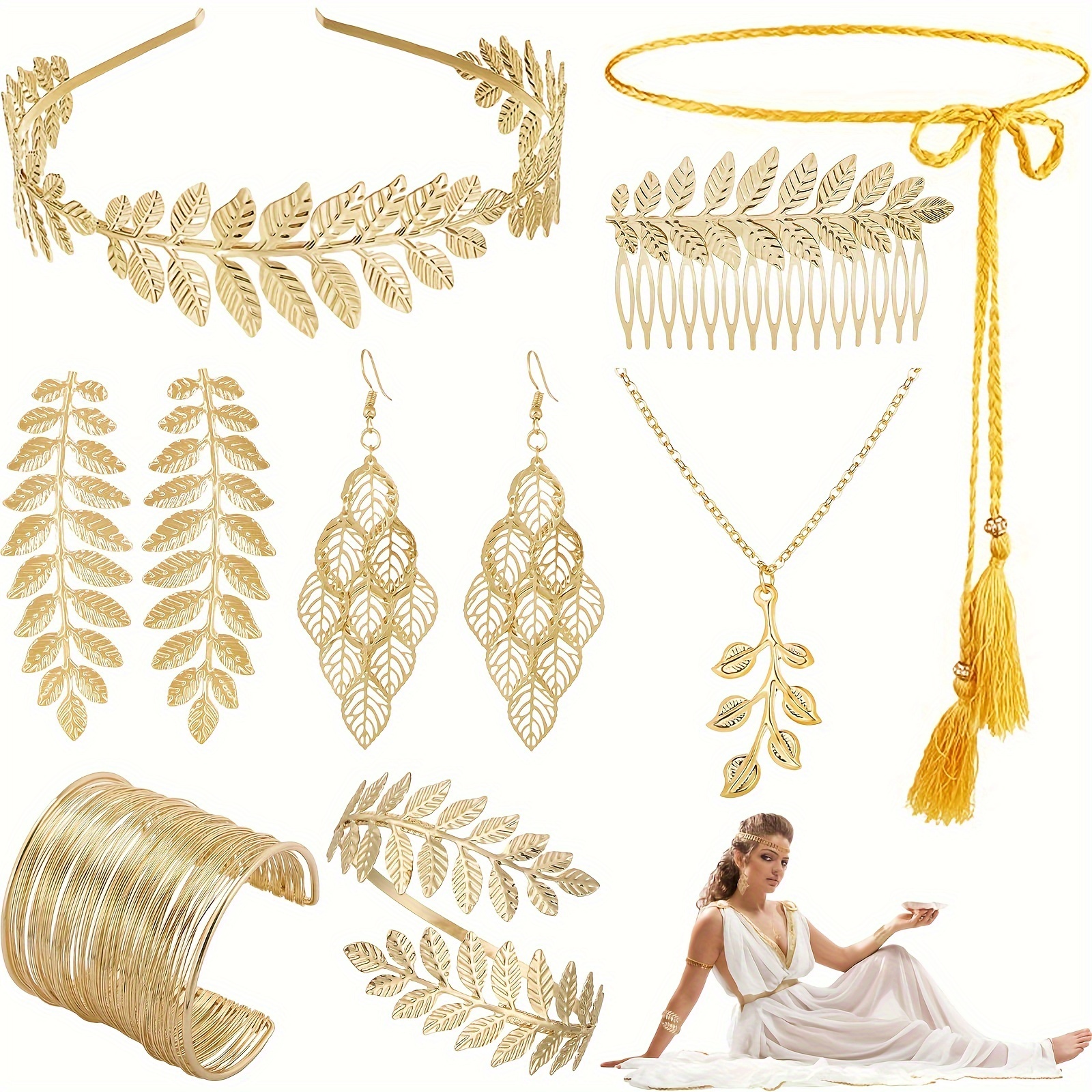 

Boho 9-piece Greek Goddess Costume Accessory Set - Plastic Golden Headband, Necklace, Earrings, Waist Belt, Arm Cuff - Women's Dress-up Kit For Vintage Party, Bridal, Wedding, Birthday,