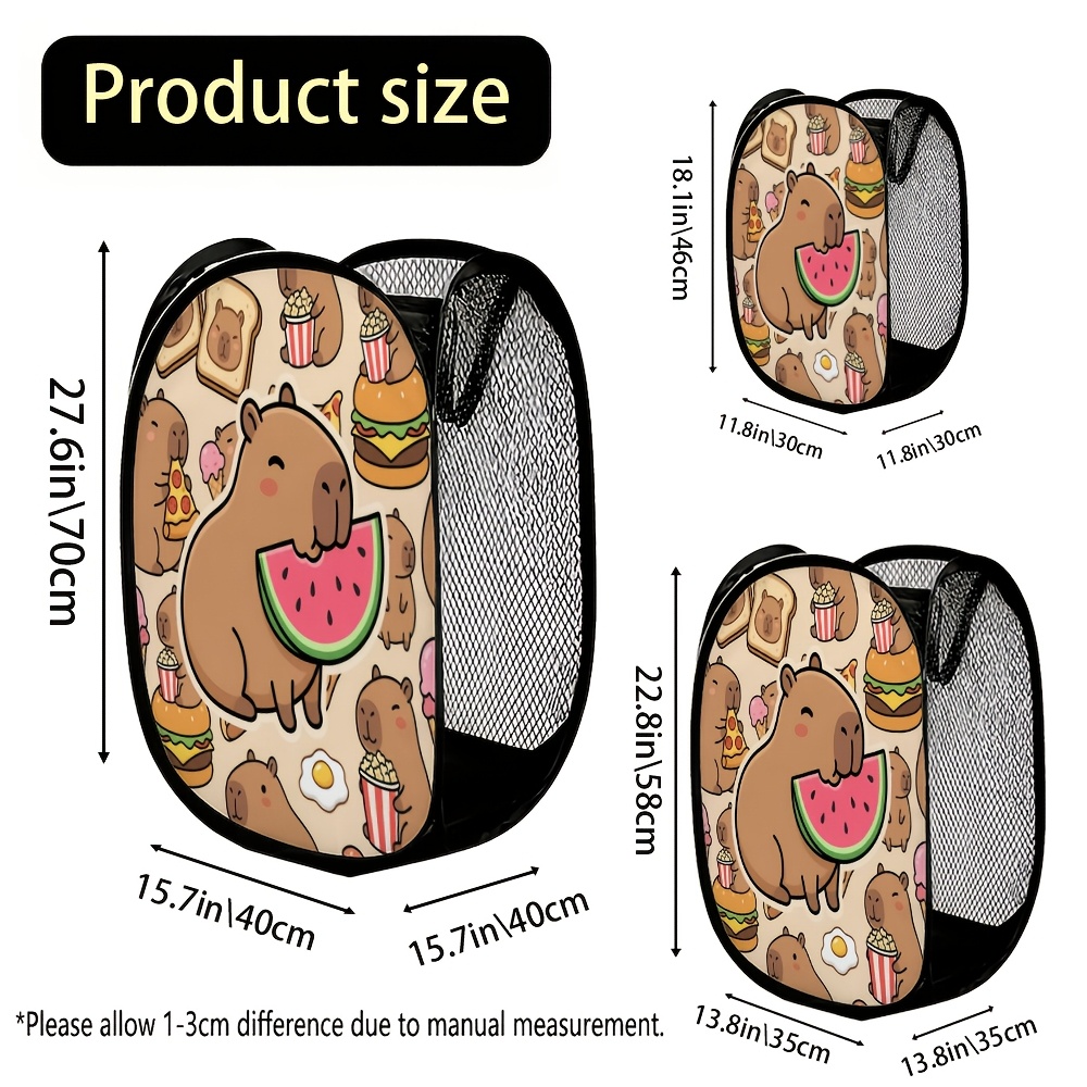 TEMU 1pc Japanese Kawaii Capybara & Watermelon Laundry Hamper - Foldable Collapsible Storage Basket With Sturdy Mesh Frame, Space-saving Suitable For