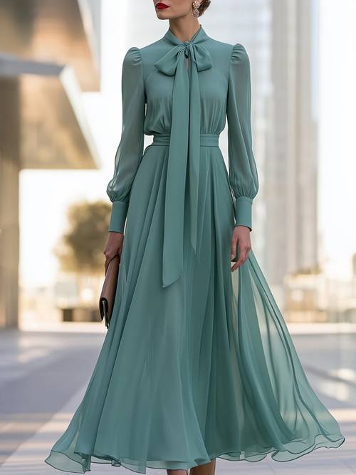 womens elegant retro chiffon bow neck long sleeve a line flowing maxi dress suitable for weddings dates parties ceremonies evening events office wear casual outfits