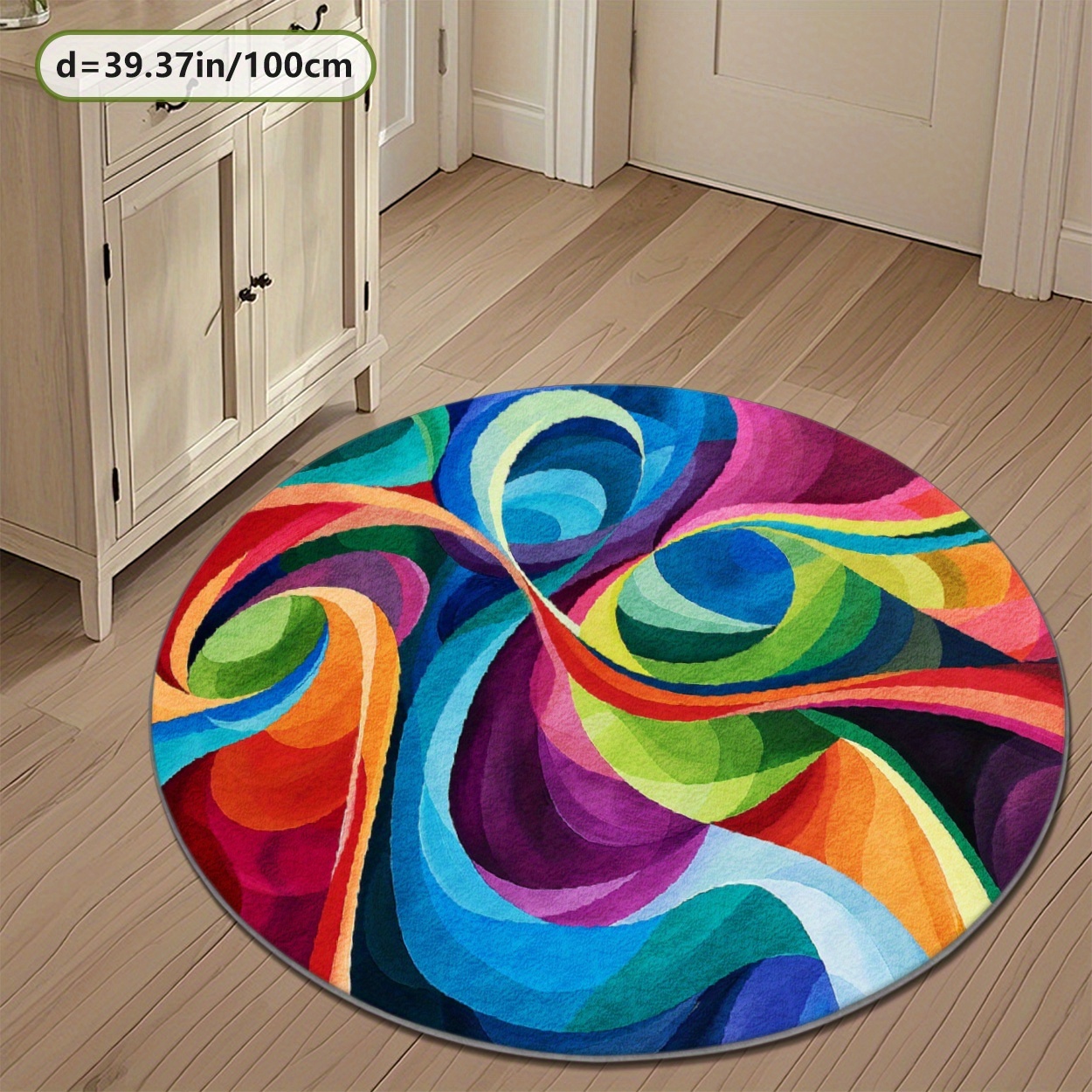 TEMU A Soft Plush Rug With A Dotted Plastic Bottom, Featuring A Colorful Fluid Texture In A Round Printed Pattern. This Festive Indoor Carpet Is Easy