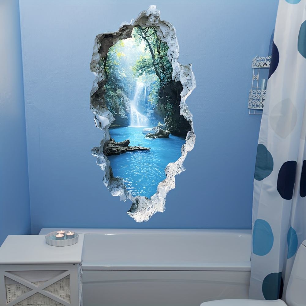 Image of 2d Flat Waterfall Cave Wall Sticker, Bathroom Wall Decoration, Adds And Bathroom Atmosphere, 2d Flat