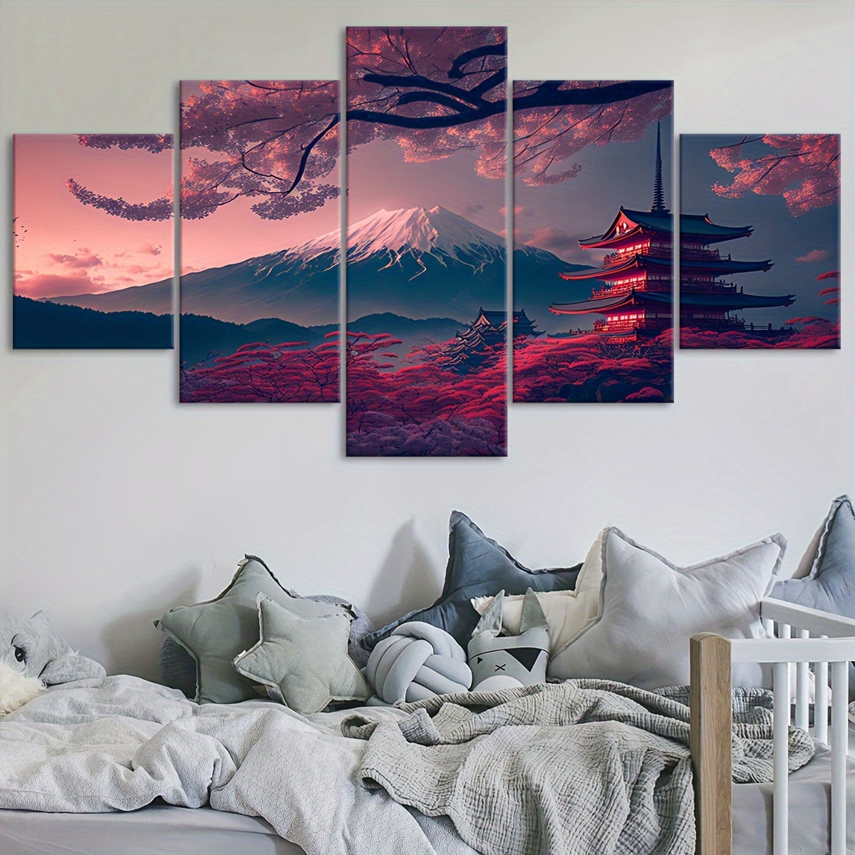 2D Plat 5 stuks Lijst Fuji Sneeuwberg Sakura Boom Canvas Poster