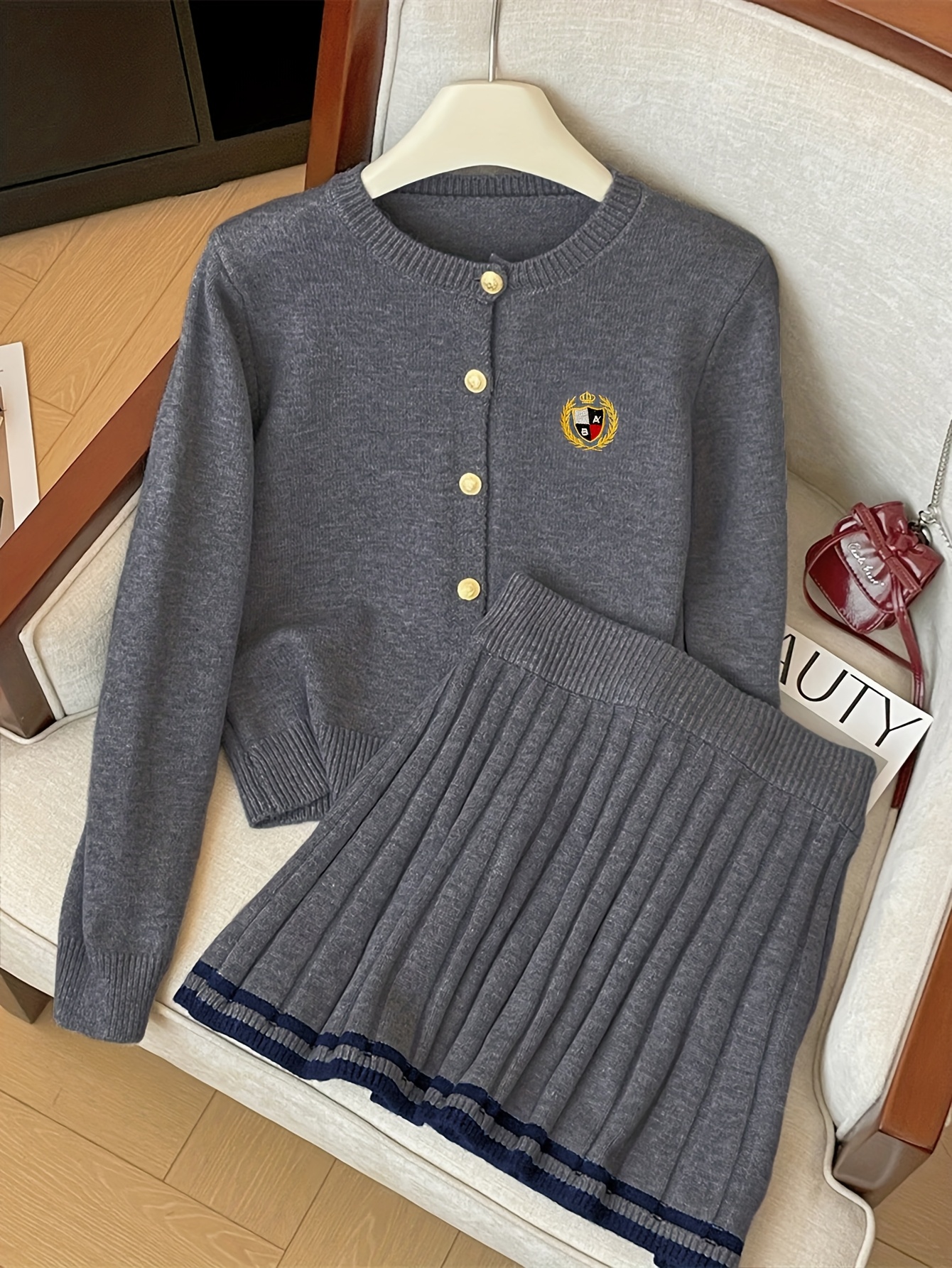 college style knitted cardigan sweater skirt set women a Temu